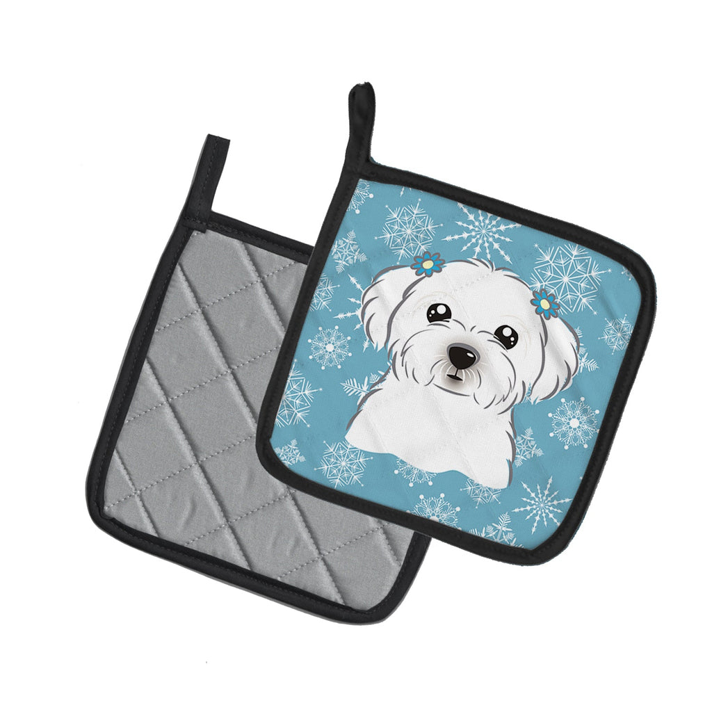 Snowflake Maltese Pot Holder Set of 2 Heat Resistant Quilted Hot Pads 7.5 x 7.5 Inch, Insulated Kitchen Trivets for Cooking & Baking