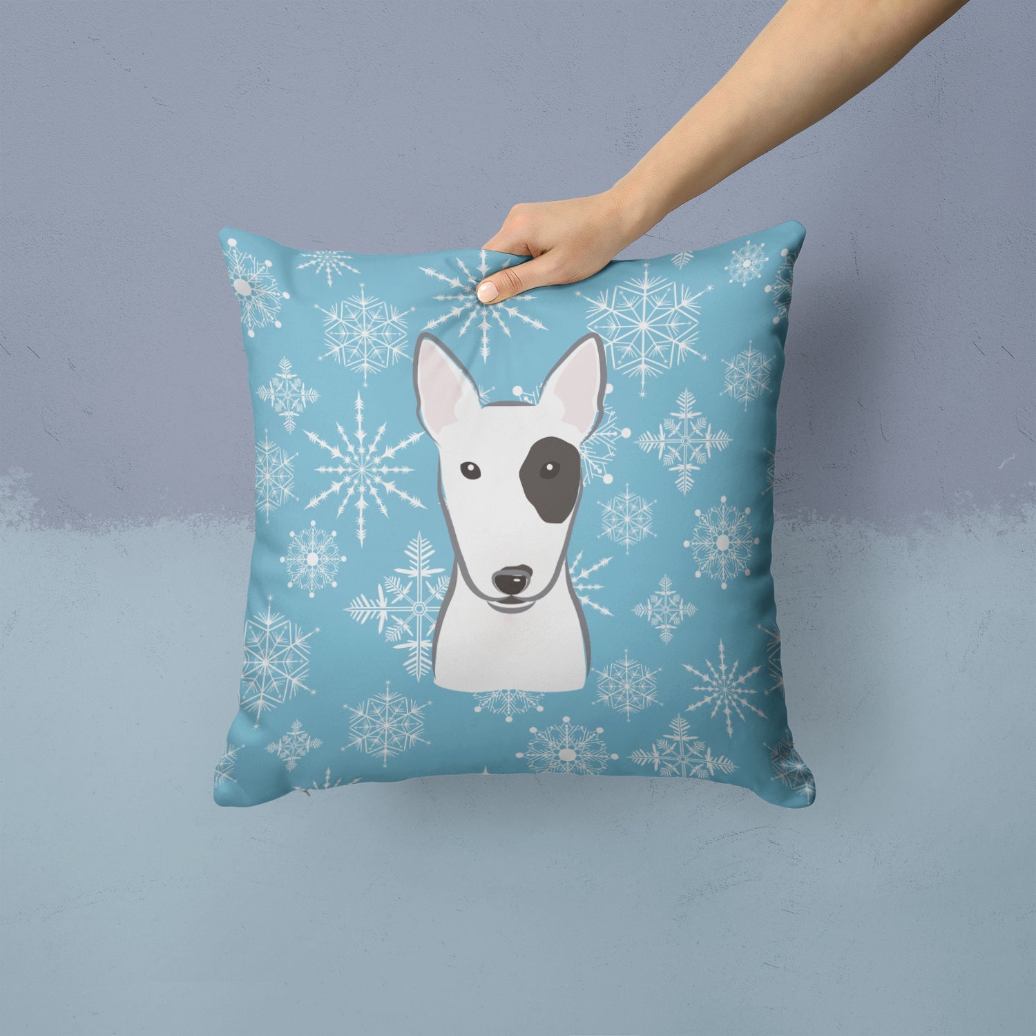 Snowflake Bull Terrier Decorative Throw Pillow 14x14 Indoor Outdoor Accent Cushion, Fabric Cover with Insert for Sofa, Bed, Porch & Living Room