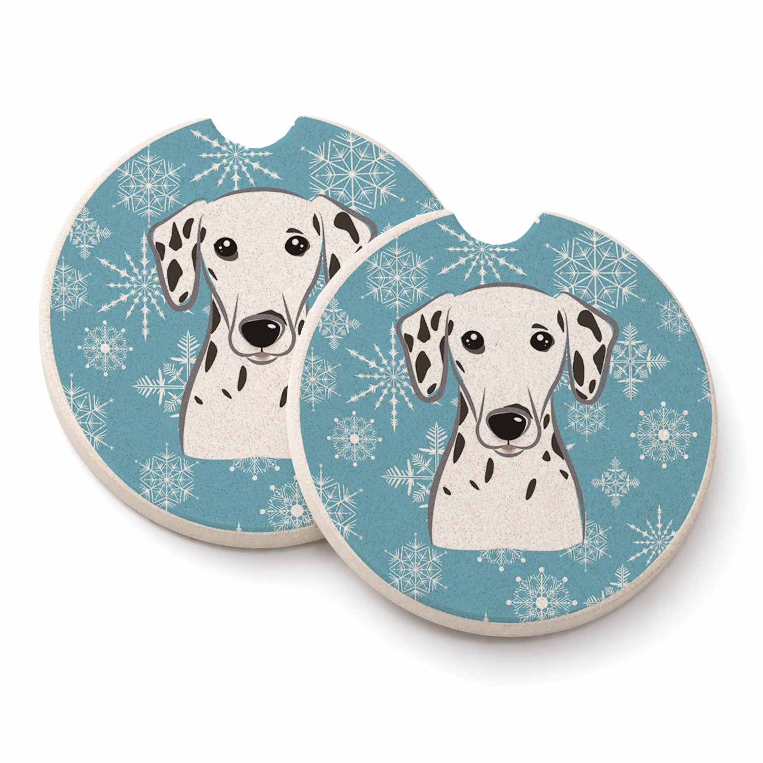 Snowflake Dalmatian Set of 2 Cup Holder Car Coasters Absorbent Round Sandstone Coasters Gifts for Men or Women, 2.5, Multicolor