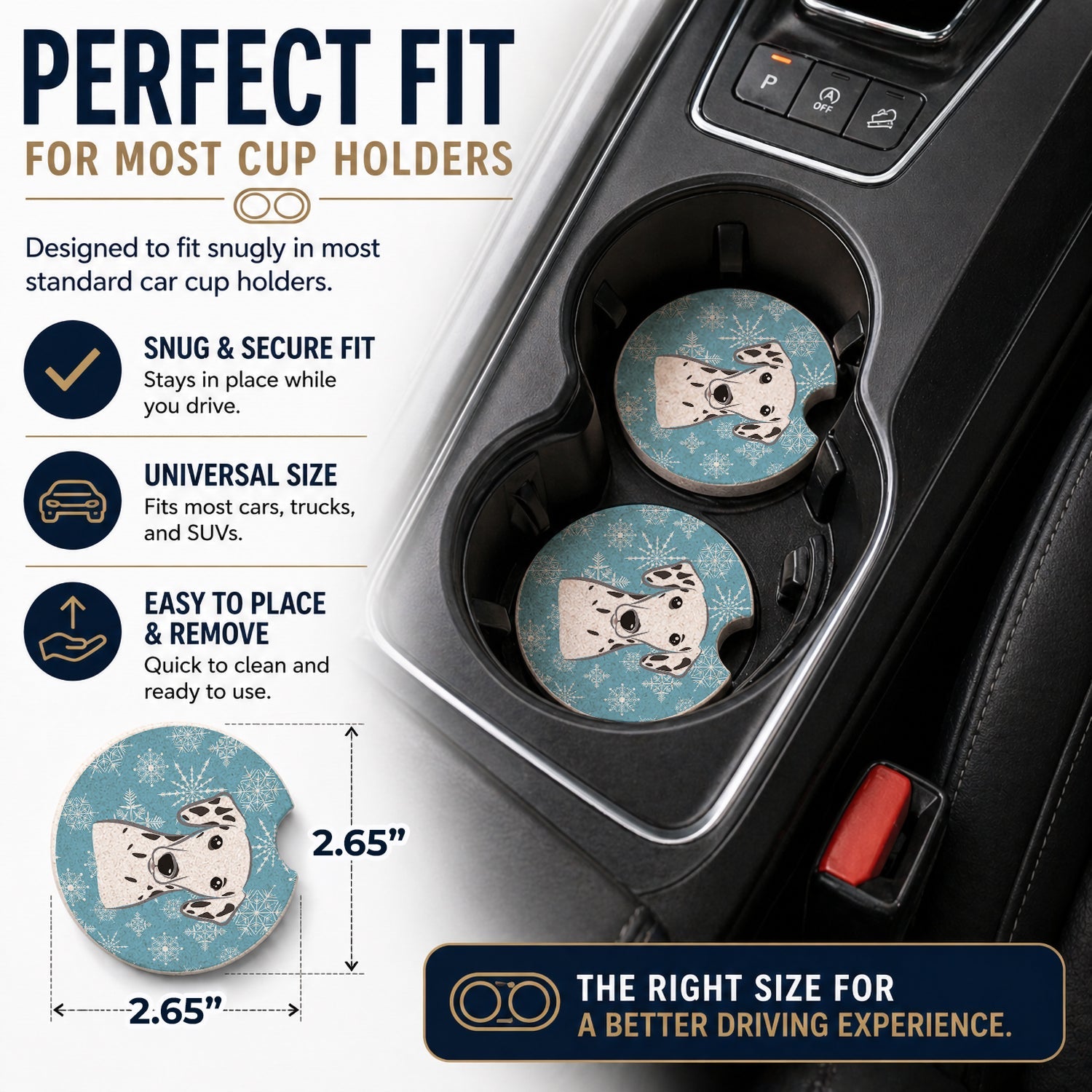 Snowflake Dalmatian Set of 2 Cup Holder Car Coasters Absorbent Round Sandstone Coasters Gifts for Men or Women, 2.5, Multicolor