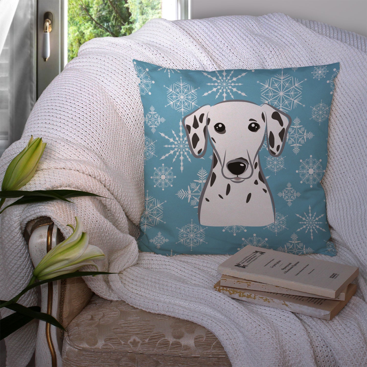 Snowflake Dalmatian Decorative Throw Pillow 14x14 Indoor Outdoor Accent Cushion, Fabric Cover with Insert for Sofa, Bed, Porch & Living Room