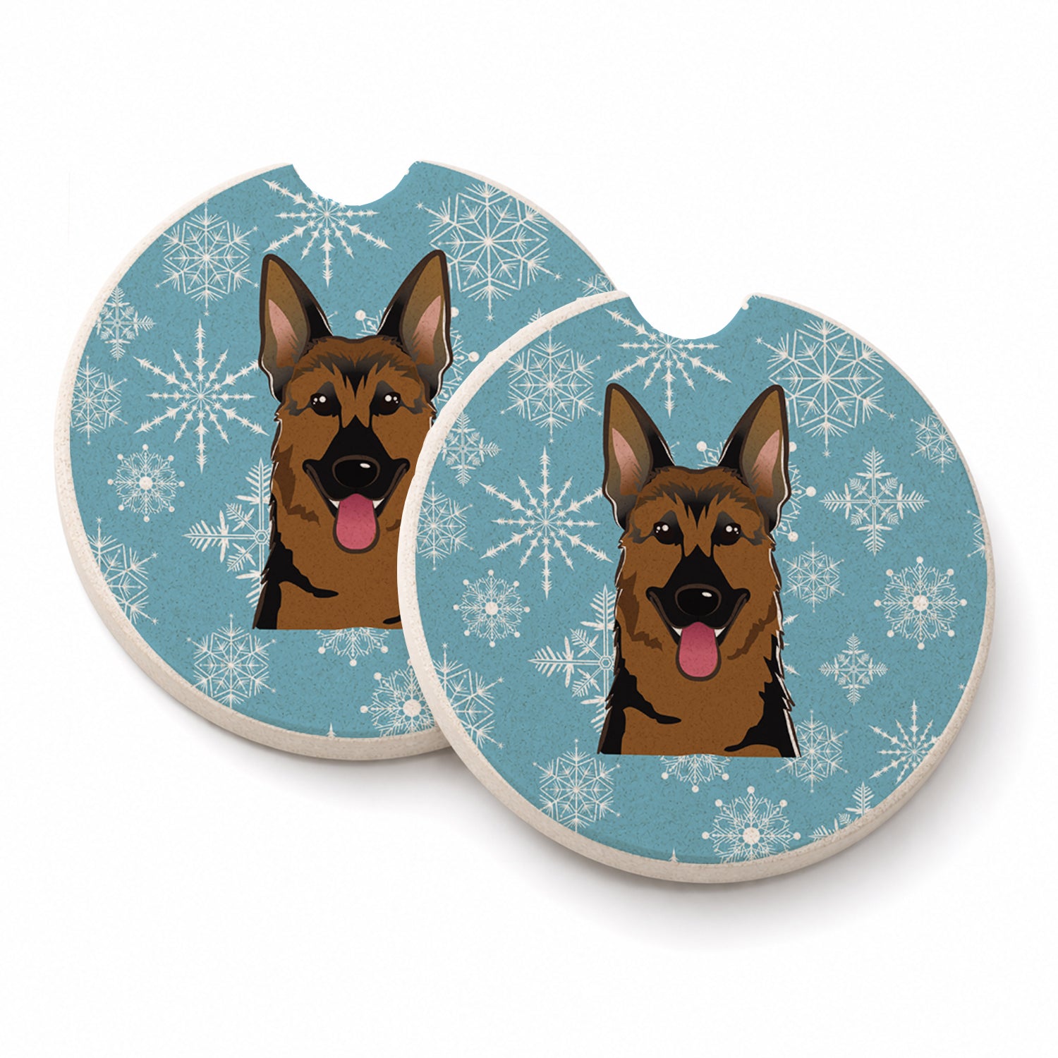 Snowflake German Shepherd Set of 2 Cup Holder Car Coasters Absorbent Round Sandstone Coasters Gifts for Men or Women, 2.5, Multicolor