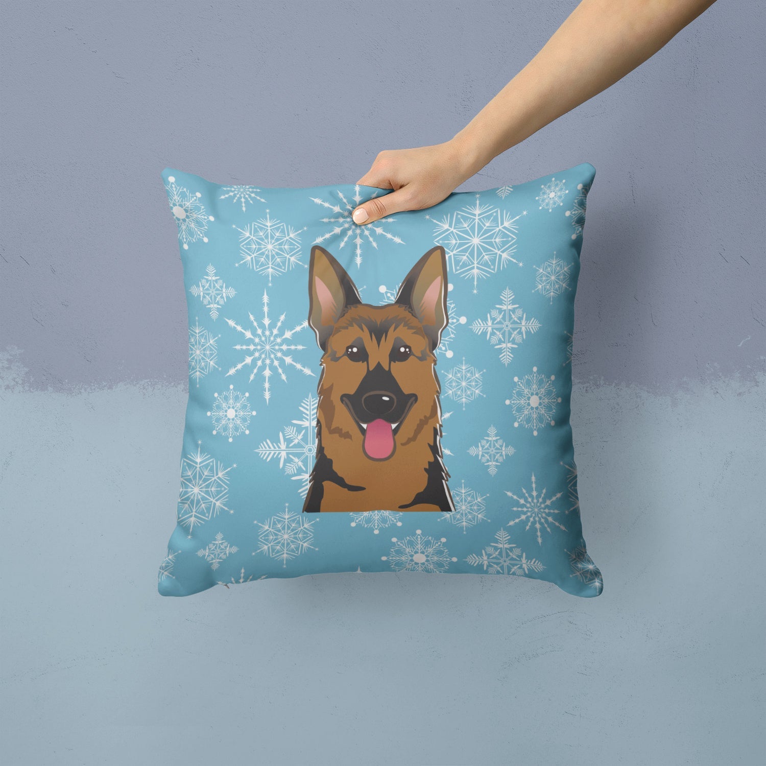 Snowflake German Shepherd Decorative Throw Pillow 14x14 Indoor Outdoor Accent Cushion, Fabric Cover with Insert for Sofa, Bed, Porch & Living Room
