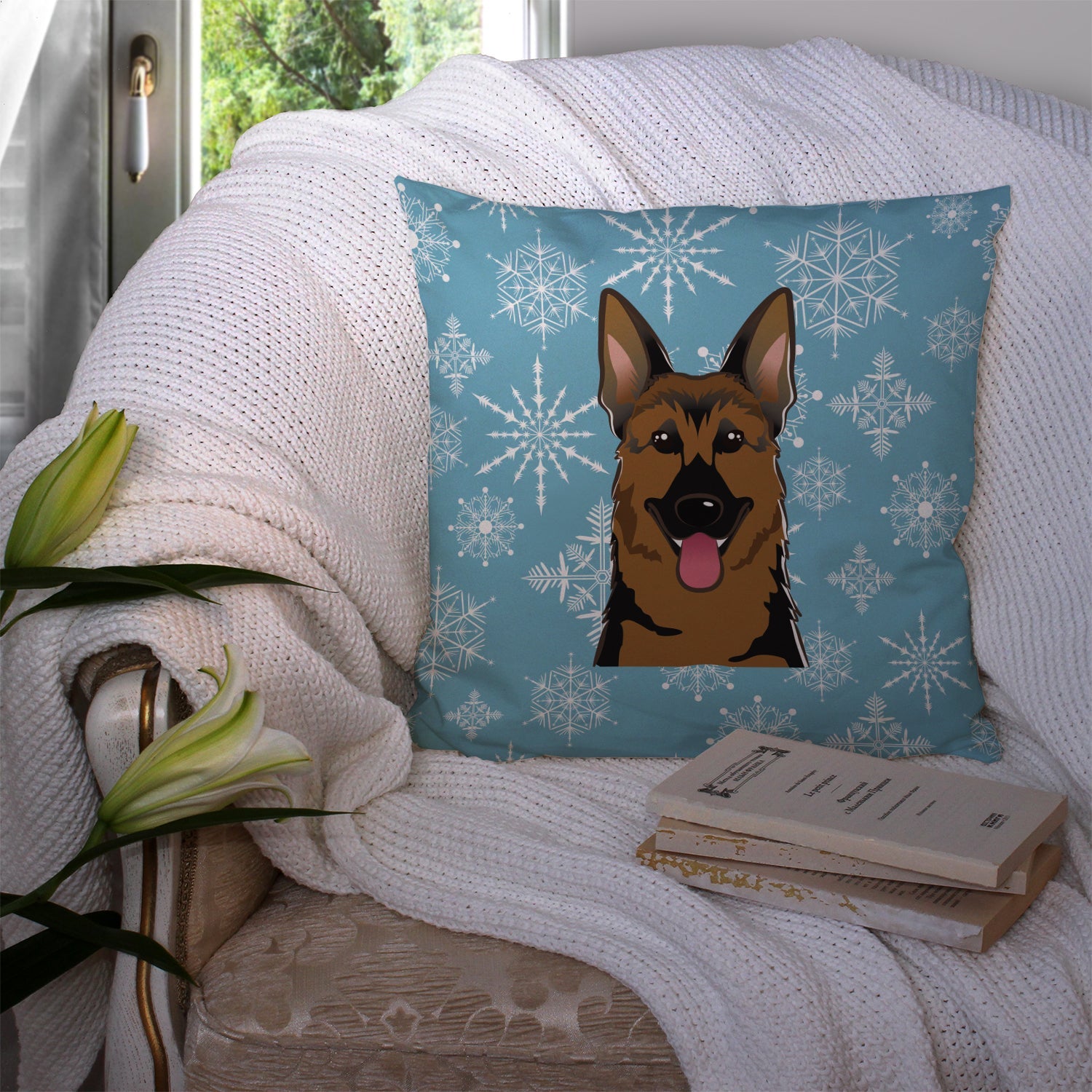 Snowflake German Shepherd Decorative Throw Pillow 14x14 Indoor Outdoor Accent Cushion, Fabric Cover with Insert for Sofa, Bed, Porch & Living Room