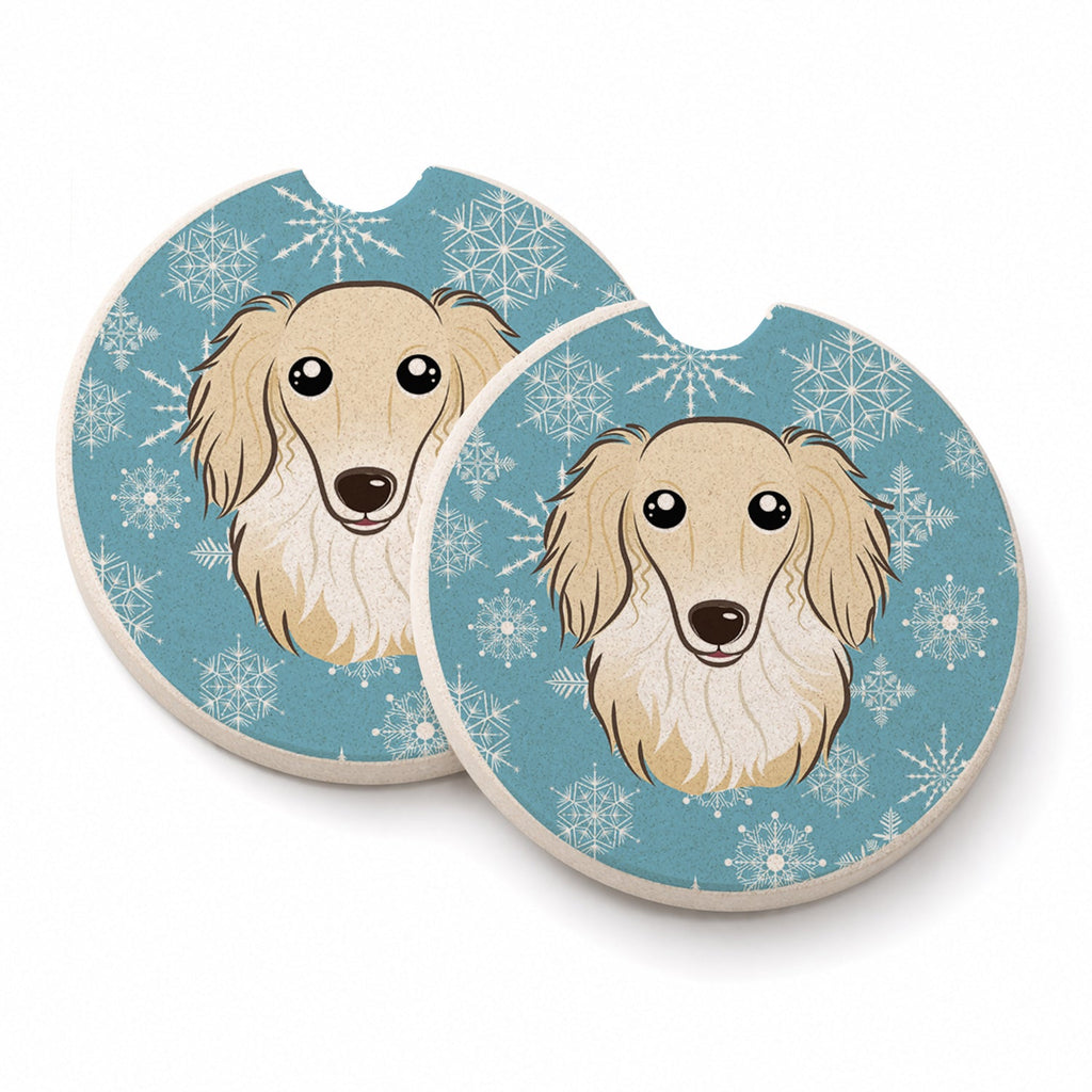 Snowflake Longhair Creme Dachshund Set of 2 Cup Holder Car Coasters Absorbent Round Sandstone Coasters Gifts for Men or Women, 2.5, Multicolor