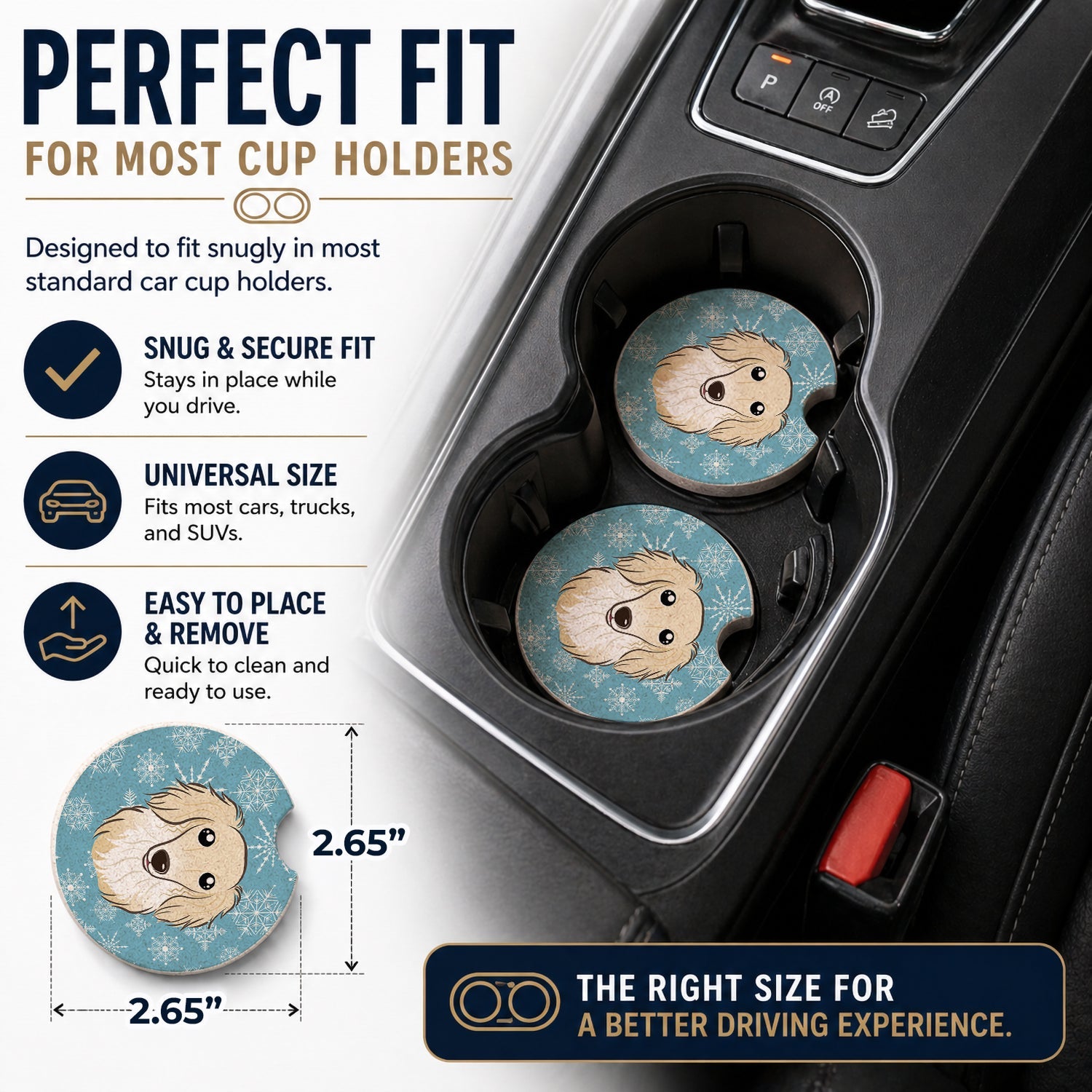 Snowflake Longhair Creme Dachshund Set of 2 Cup Holder Car Coasters Absorbent Round Sandstone Coasters Gifts for Men or Women, 2.5, Multicolor