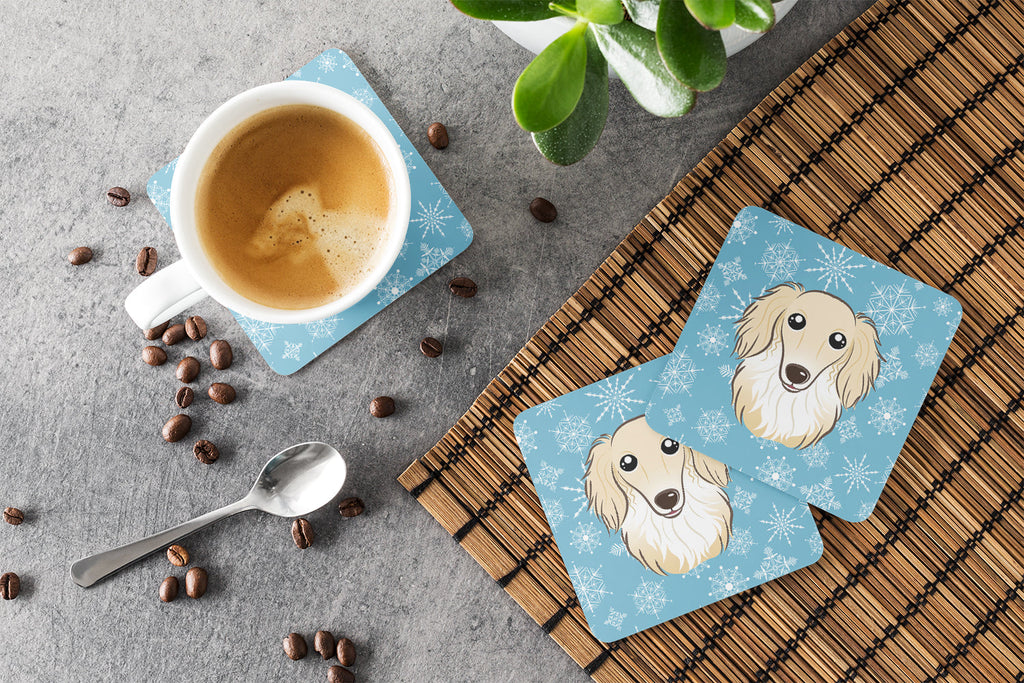 Snowflake Longhair Creme Dachshund Foam Coasters Set of 4 Cup Coasters for Indoor Outdoor, Tabletop Protection, Anti Slip, Mouse pad Material