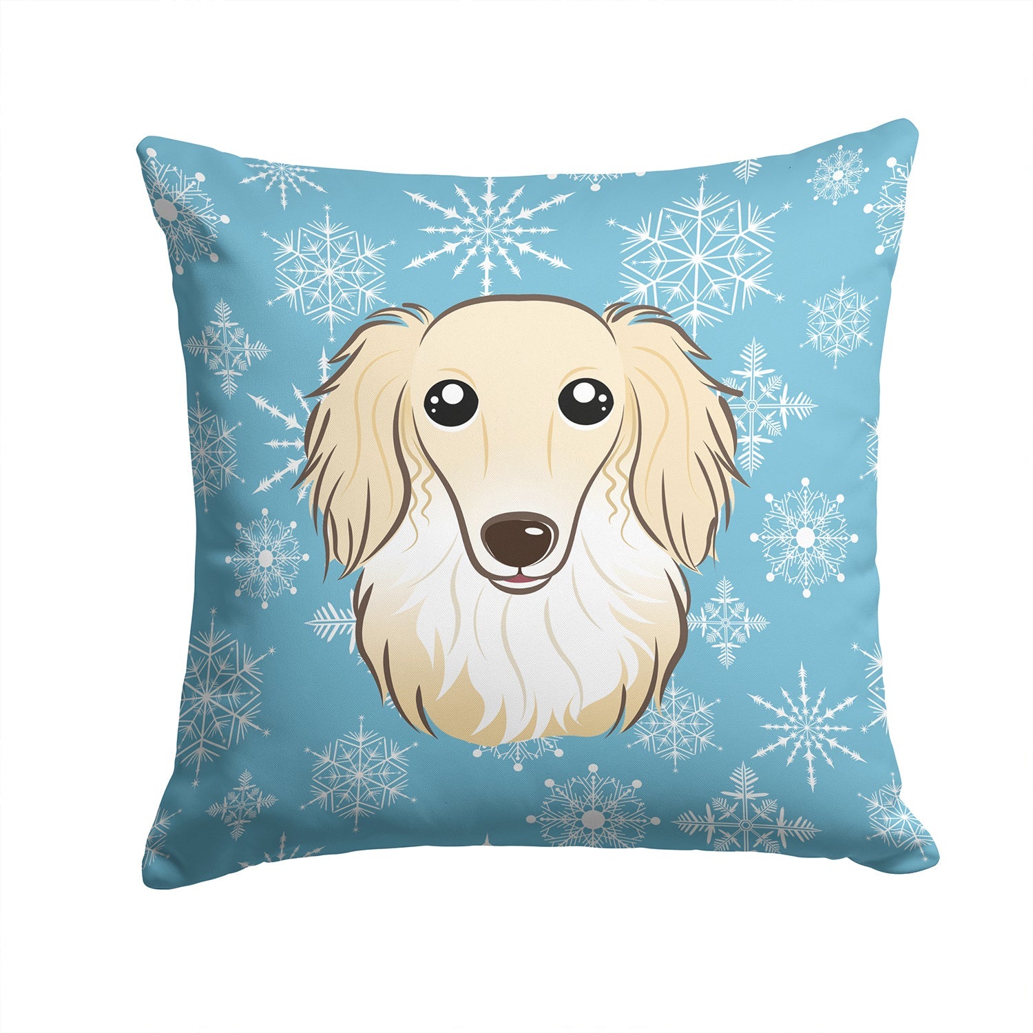 Snowflake Longhair Creme Dachshund Decorative Throw Pillow 14x14 Indoor Outdoor Accent Cushion, Fabric Cover with Insert for Sofa, Bed, Porch & Living Room