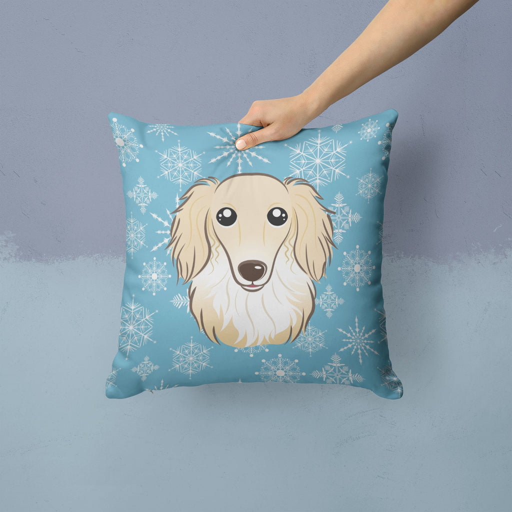 Snowflake Longhair Creme Dachshund Decorative Throw Pillow 14x14 Indoor Outdoor Accent Cushion, Fabric Cover with Insert for Sofa, Bed, Porch & Living Room