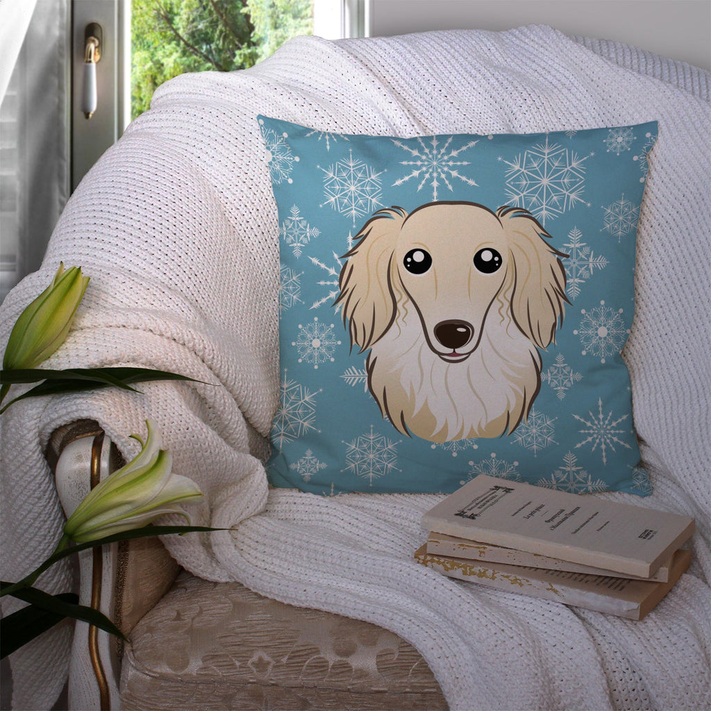 Snowflake Longhair Creme Dachshund Decorative Throw Pillow 14x14 Indoor Outdoor Accent Cushion, Fabric Cover with Insert for Sofa, Bed, Porch & Living Room