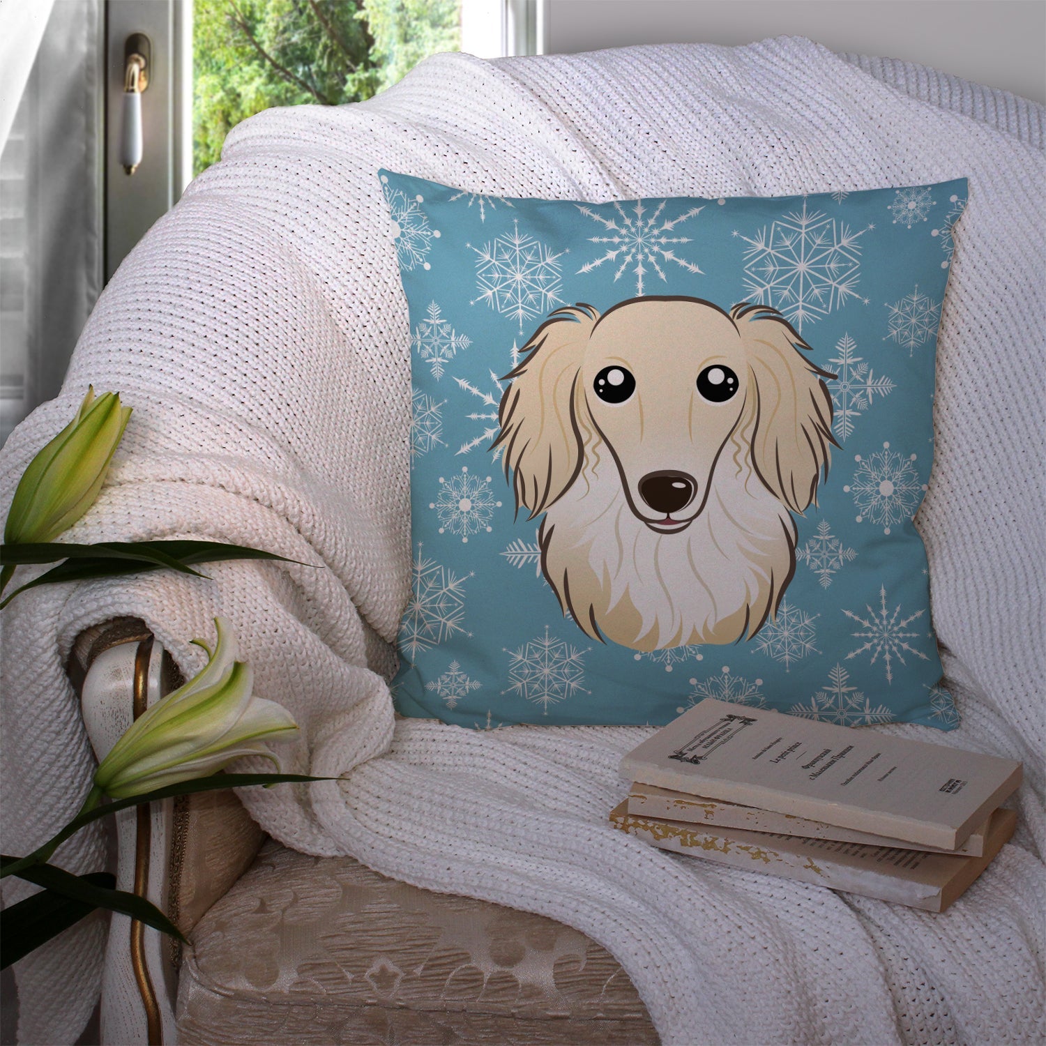 Snowflake Longhair Creme Dachshund Decorative Throw Pillow 14x14 Indoor Outdoor Accent Cushion, Fabric Cover with Insert for Sofa, Bed, Porch & Living Room
