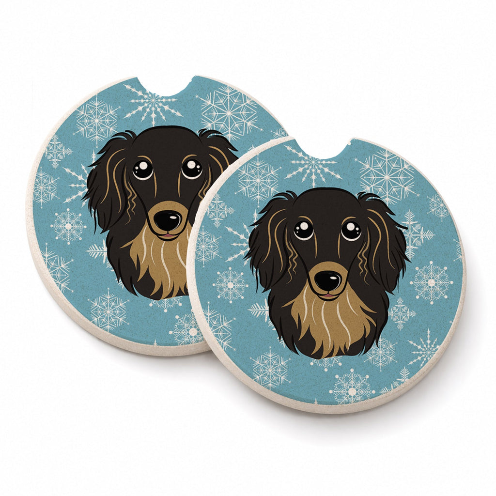 Snowflake Longhair Black and Tan Dachshund Set of 2 Cup Holder Car Coasters Absorbent Round Sandstone Coasters Gifts for Men or Women, 2.5, Multicolor