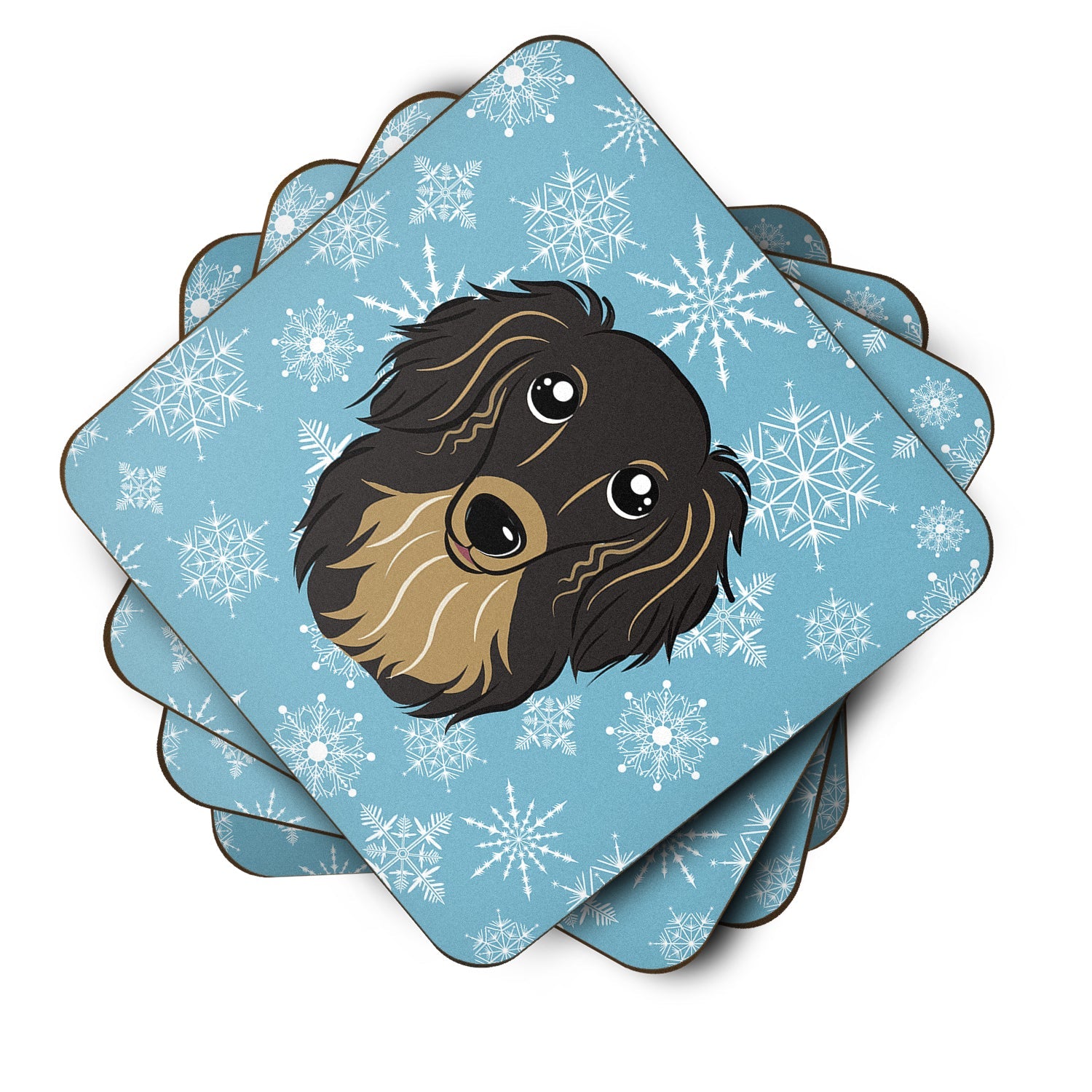 Snowflake Longhair Black and Tan Dachshund Foam Coasters Set of 4 Cup Coasters for Indoor Outdoor, Tabletop Protection, Anti Slip, Mouse pad Material