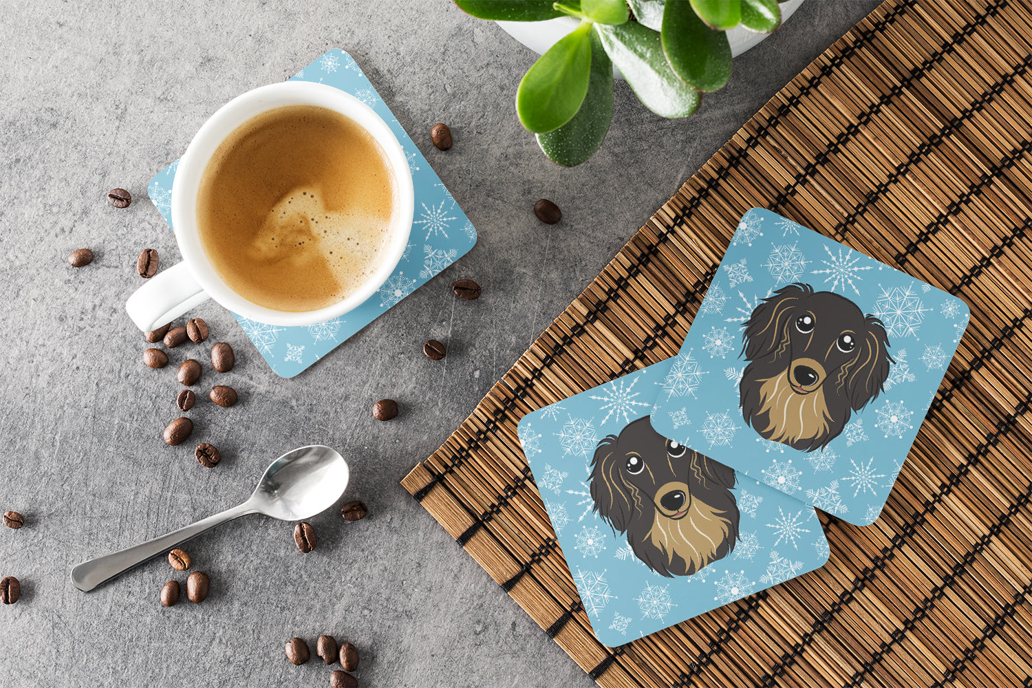 Snowflake Longhair Black and Tan Dachshund Foam Coasters Set of 4 Cup Coasters for Indoor Outdoor, Tabletop Protection, Anti Slip, Mouse pad Material