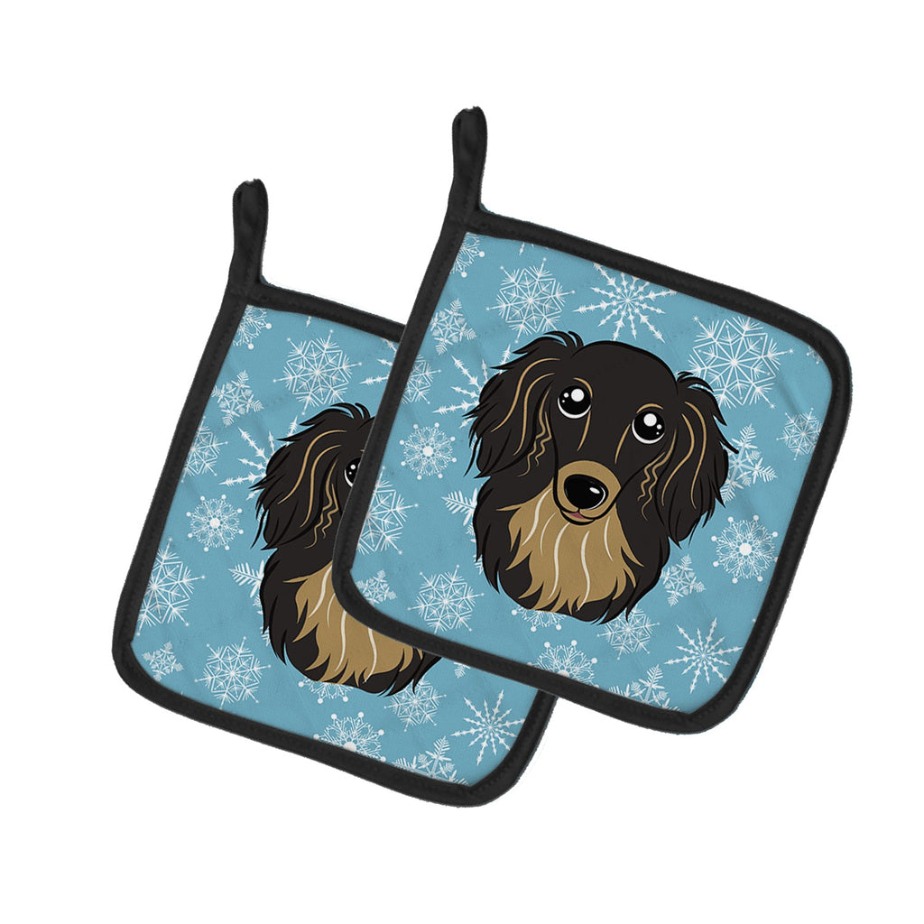 Snowflake Longhair Black and Tan Dachshund Pot Holder Set of 2 Heat Resistant Quilted Hot Pads 7.5 x 7.5 Inch, Insulated Kitchen Trivets for Cooking & Baking