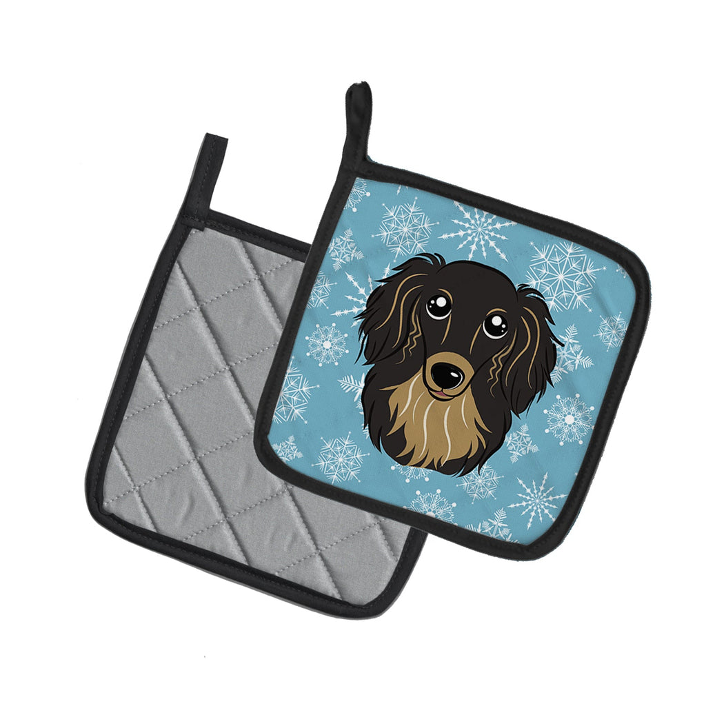 Snowflake Longhair Black and Tan Dachshund Pot Holder Set of 2 Heat Resistant Quilted Hot Pads 7.5 x 7.5 Inch, Insulated Kitchen Trivets for Cooking & Baking