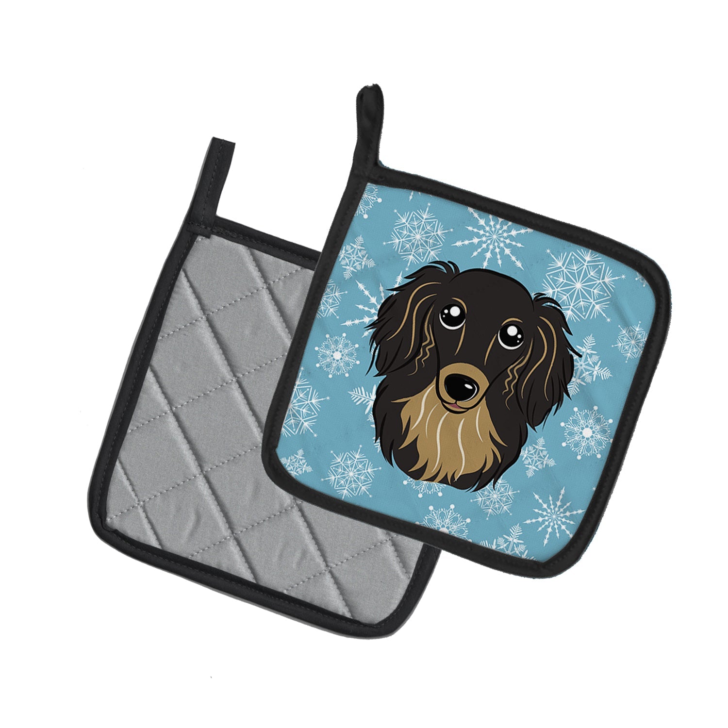 Snowflake Longhair Black and Tan Dachshund Pot Holder Set of 2 Heat Resistant Quilted Hot Pads 7.5 x 7.5 Inch, Insulated Kitchen Trivets for Cooking & Baking