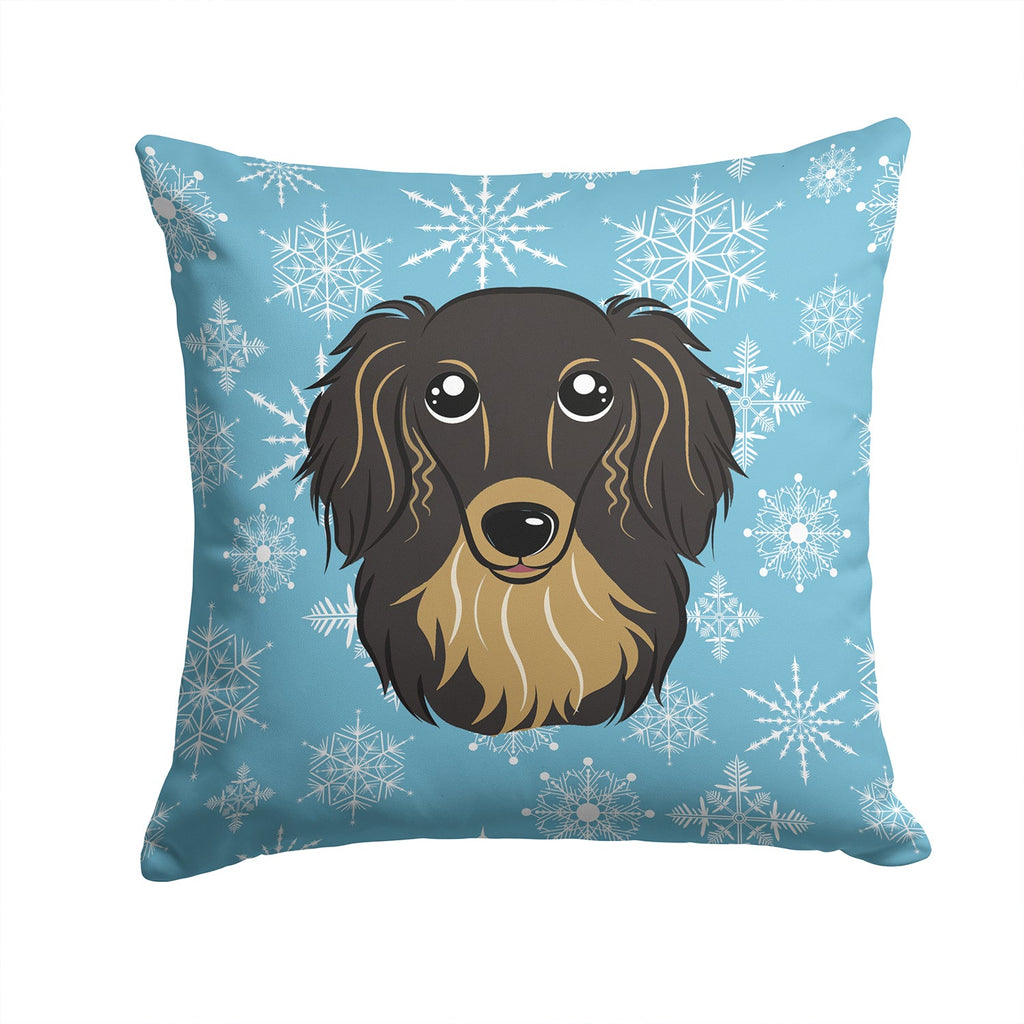 Snowflake Longhair Black and Tan Dachshund Decorative Throw Pillow 14x14 Indoor Outdoor Accent Cushion, Fabric Cover with Insert for Sofa, Bed, Porch & Living Room