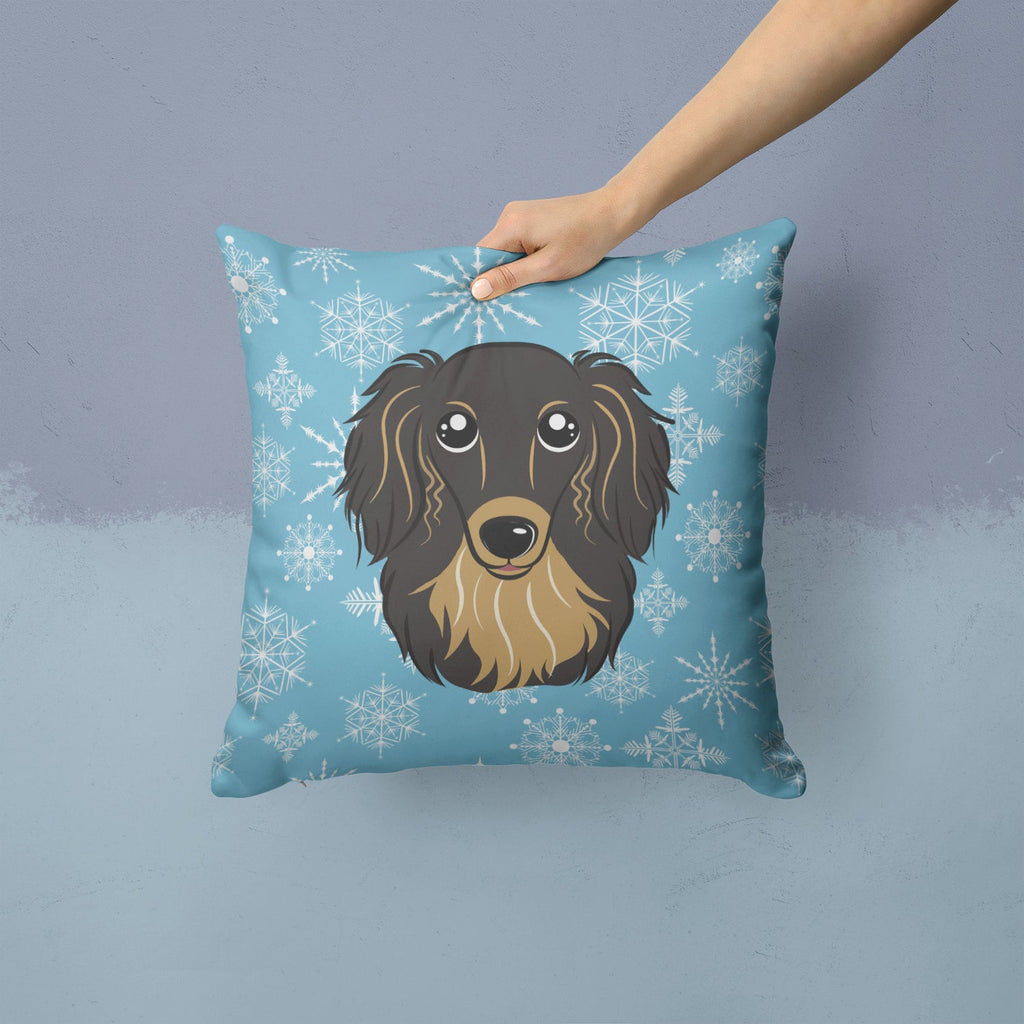 Snowflake Longhair Black and Tan Dachshund Decorative Throw Pillow 14x14 Indoor Outdoor Accent Cushion, Fabric Cover with Insert for Sofa, Bed, Porch & Living Room