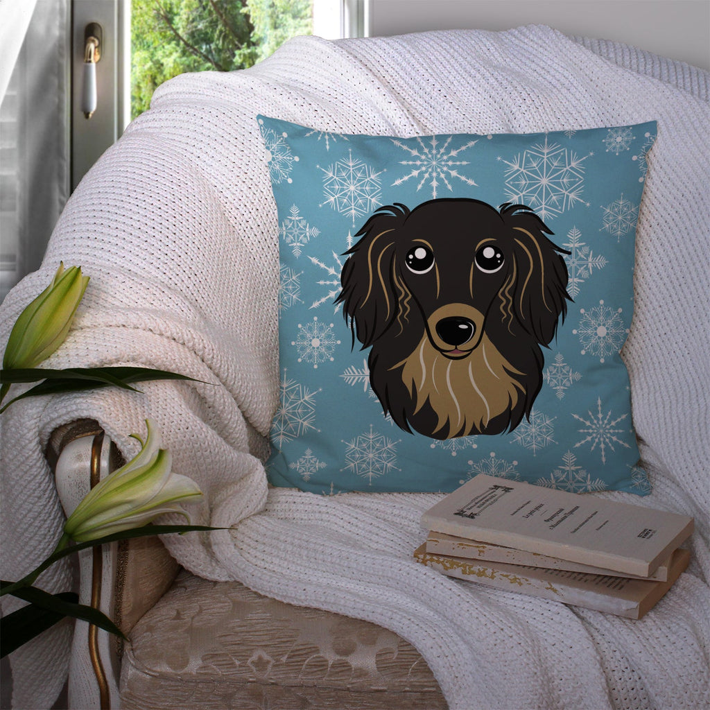 Snowflake Longhair Black and Tan Dachshund Decorative Throw Pillow 14x14 Indoor Outdoor Accent Cushion, Fabric Cover with Insert for Sofa, Bed, Porch & Living Room