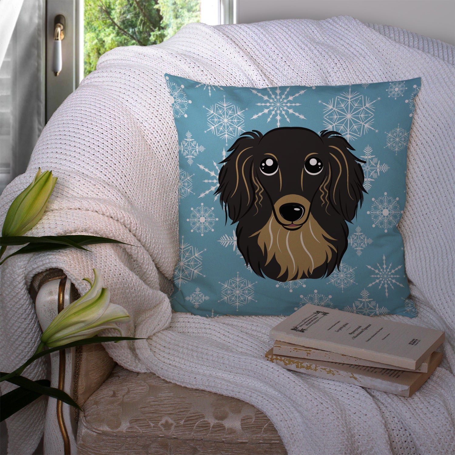 Snowflake Longhair Black and Tan Dachshund Decorative Throw Pillow 14x14 Indoor Outdoor Accent Cushion, Fabric Cover with Insert for Sofa, Bed, Porch & Living Room