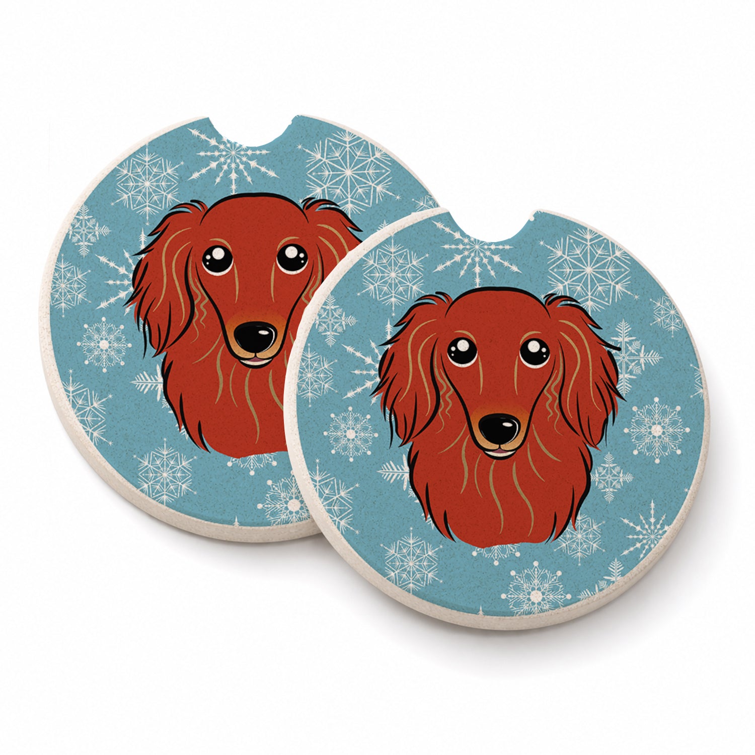 Snowflake Longhair Red Dachshund Set of 2 Cup Holder Car Coasters Absorbent Round Sandstone Coasters Gifts for Men or Women, 2.5, Multicolor