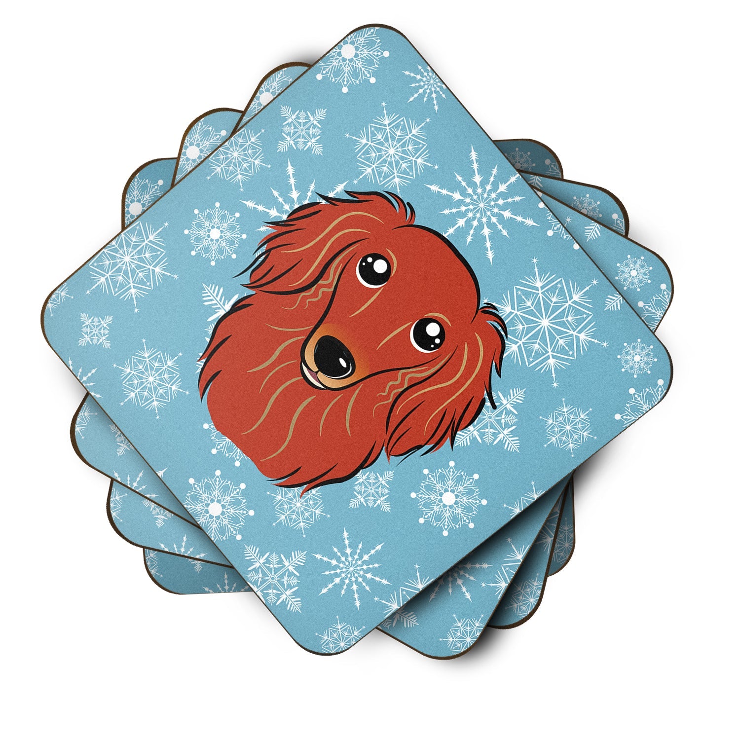 Snowflake Longhair Red Dachshund Foam Coasters Set of 4 Cup Coasters for Indoor Outdoor, Tabletop Protection, Anti Slip, Mouse pad Material