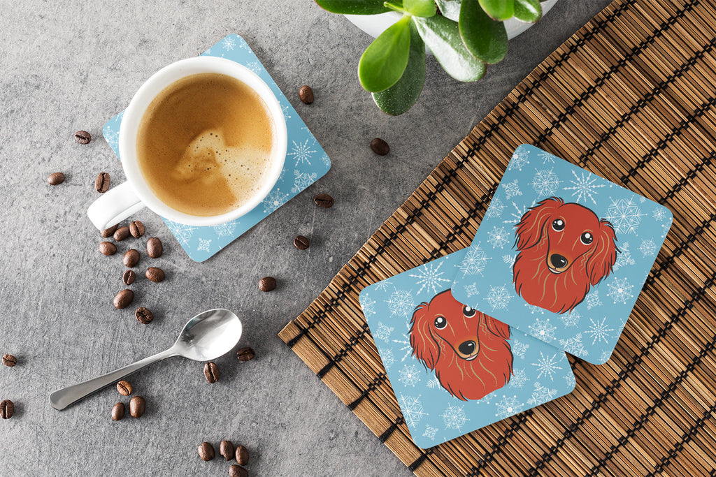 Snowflake Longhair Red Dachshund Foam Coasters Set of 4 Cup Coasters for Indoor Outdoor, Tabletop Protection, Anti Slip, Mouse pad Material
