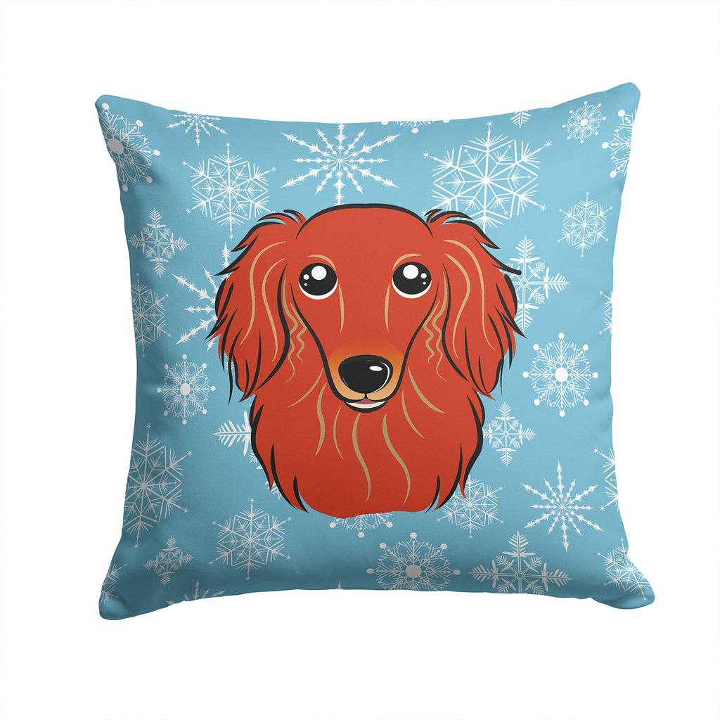 Snowflake Longhair Red Dachshund Decorative Throw Pillow 14x14 Indoor Outdoor Accent Cushion, Fabric Cover with Insert for Sofa, Bed, Porch & Living Room