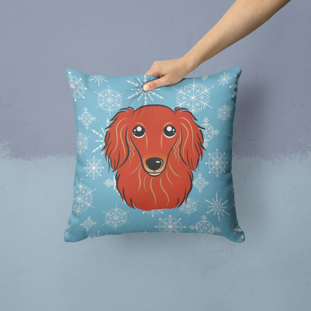 Snowflake Longhair Red Dachshund Decorative Throw Pillow 14x14 Indoor Outdoor Accent Cushion, Fabric Cover with Insert for Sofa, Bed, Porch & Living Room