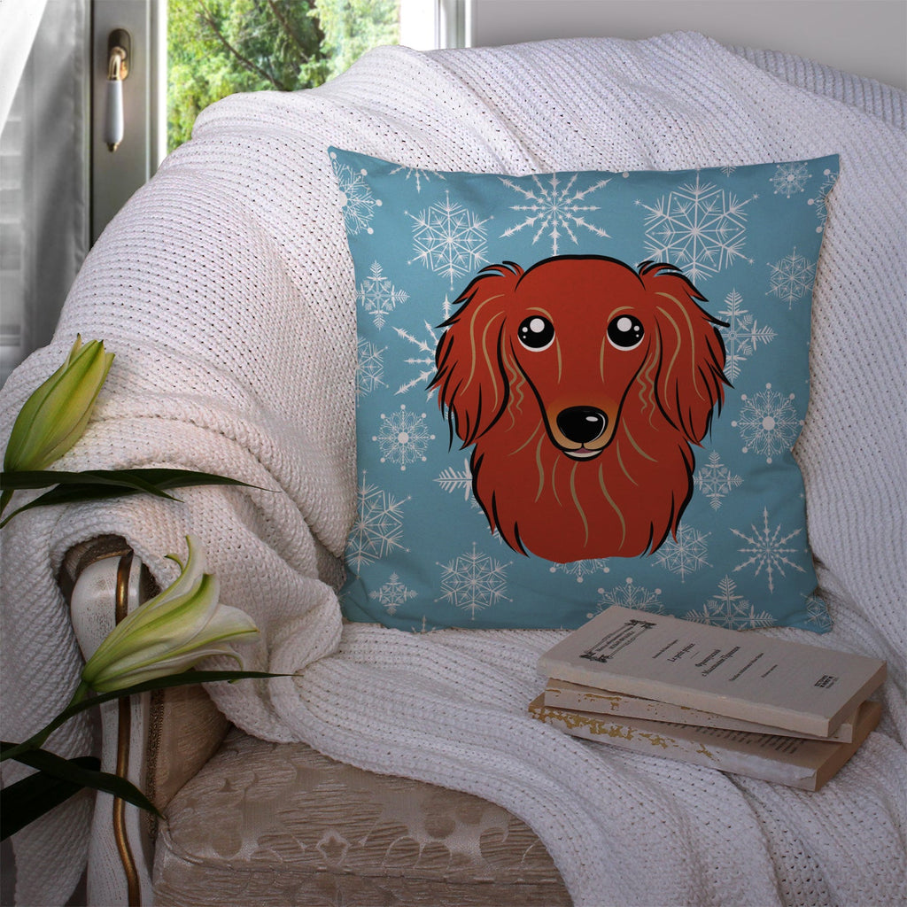 Snowflake Longhair Red Dachshund Decorative Throw Pillow 14x14 Indoor Outdoor Accent Cushion, Fabric Cover with Insert for Sofa, Bed, Porch & Living Room
