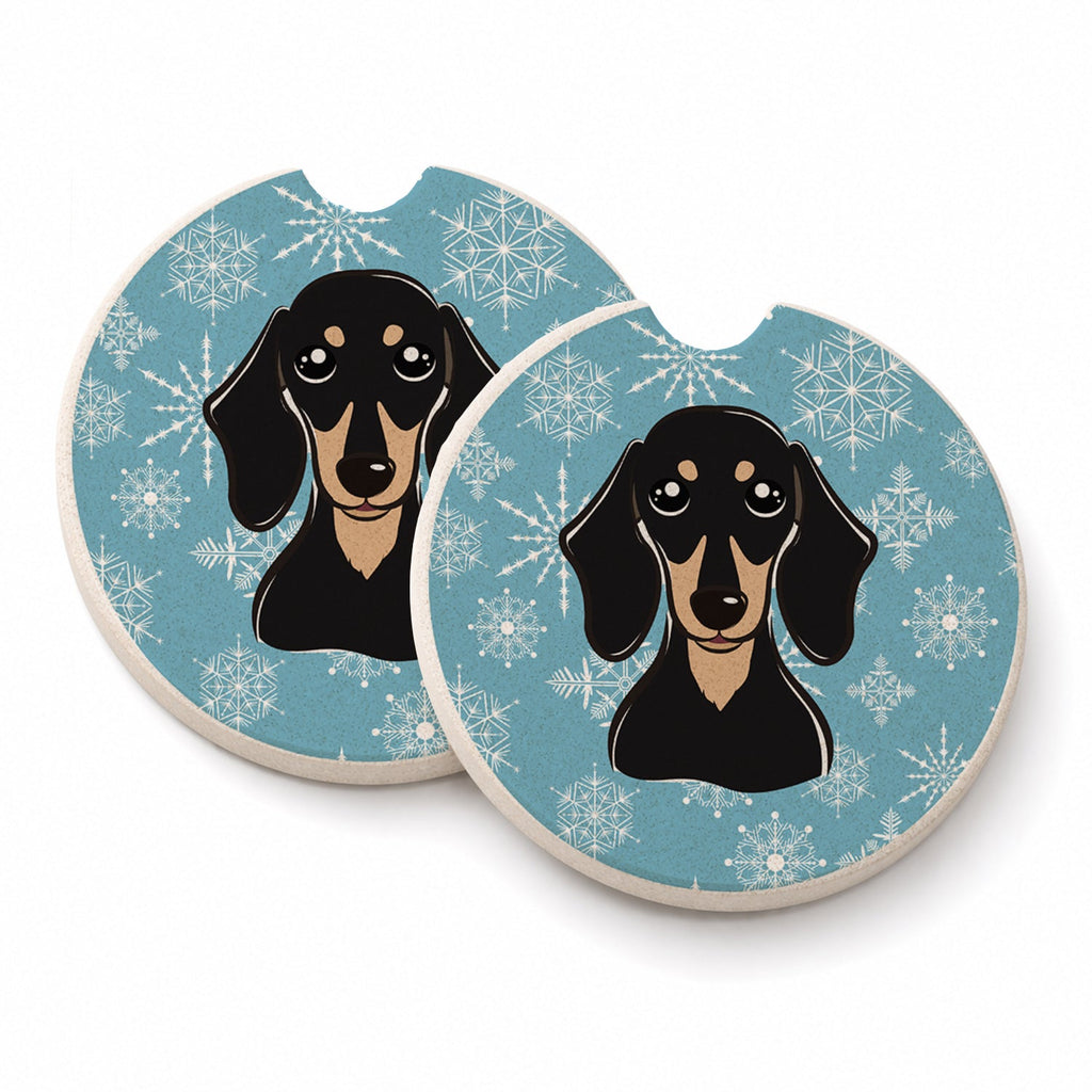 Snowflake Smooth Black and Tan Dachshund Set of 2 Cup Holder Car Coasters Absorbent Round Sandstone Coasters Gifts for Men or Women, 2.5, Multicolor