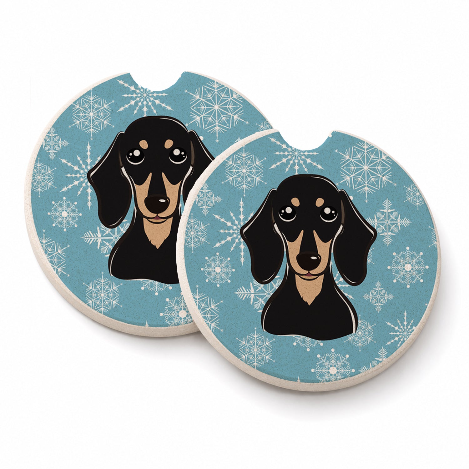 Snowflake Smooth Black and Tan Dachshund Set of 2 Cup Holder Car Coasters Absorbent Round Sandstone Coasters Gifts for Men or Women, 2.5, Multicolor