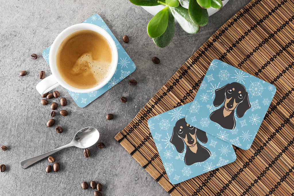 Snowflake Smooth Black and Tan Dachshund Foam Coasters Set of 4 Cup Coasters for Indoor Outdoor, Tabletop Protection, Anti Slip, Mouse pad Material