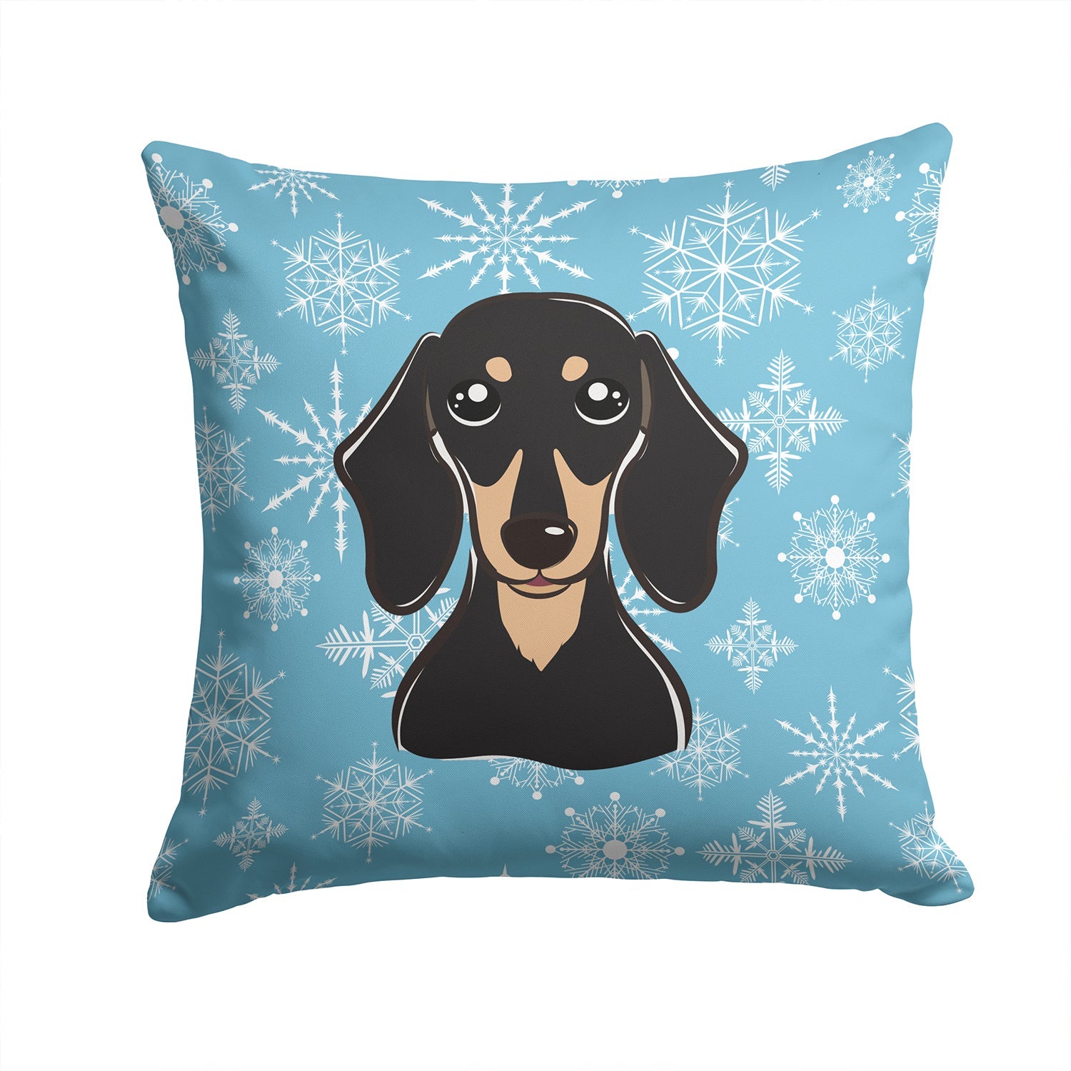 Snowflake Smooth Black and Tan Dachshund Decorative Throw Pillow 14x14 Indoor Outdoor Accent Cushion, Fabric Cover with Insert for Sofa, Bed, Porch & Living Room