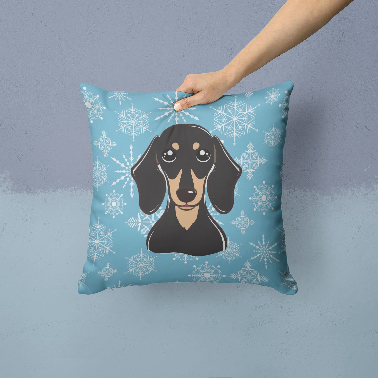 Snowflake Smooth Black and Tan Dachshund Decorative Throw Pillow 14x14 Indoor Outdoor Accent Cushion, Fabric Cover with Insert for Sofa, Bed, Porch & Living Room