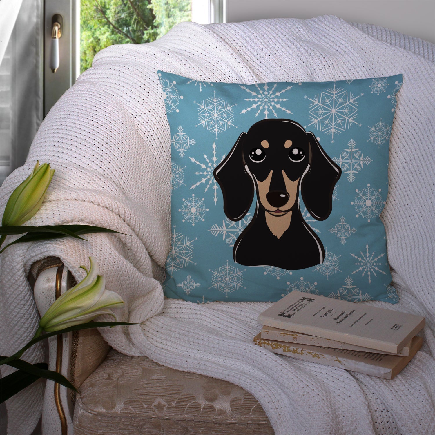 Snowflake Smooth Black and Tan Dachshund Decorative Throw Pillow 14x14 Indoor Outdoor Accent Cushion, Fabric Cover with Insert for Sofa, Bed, Porch & Living Room