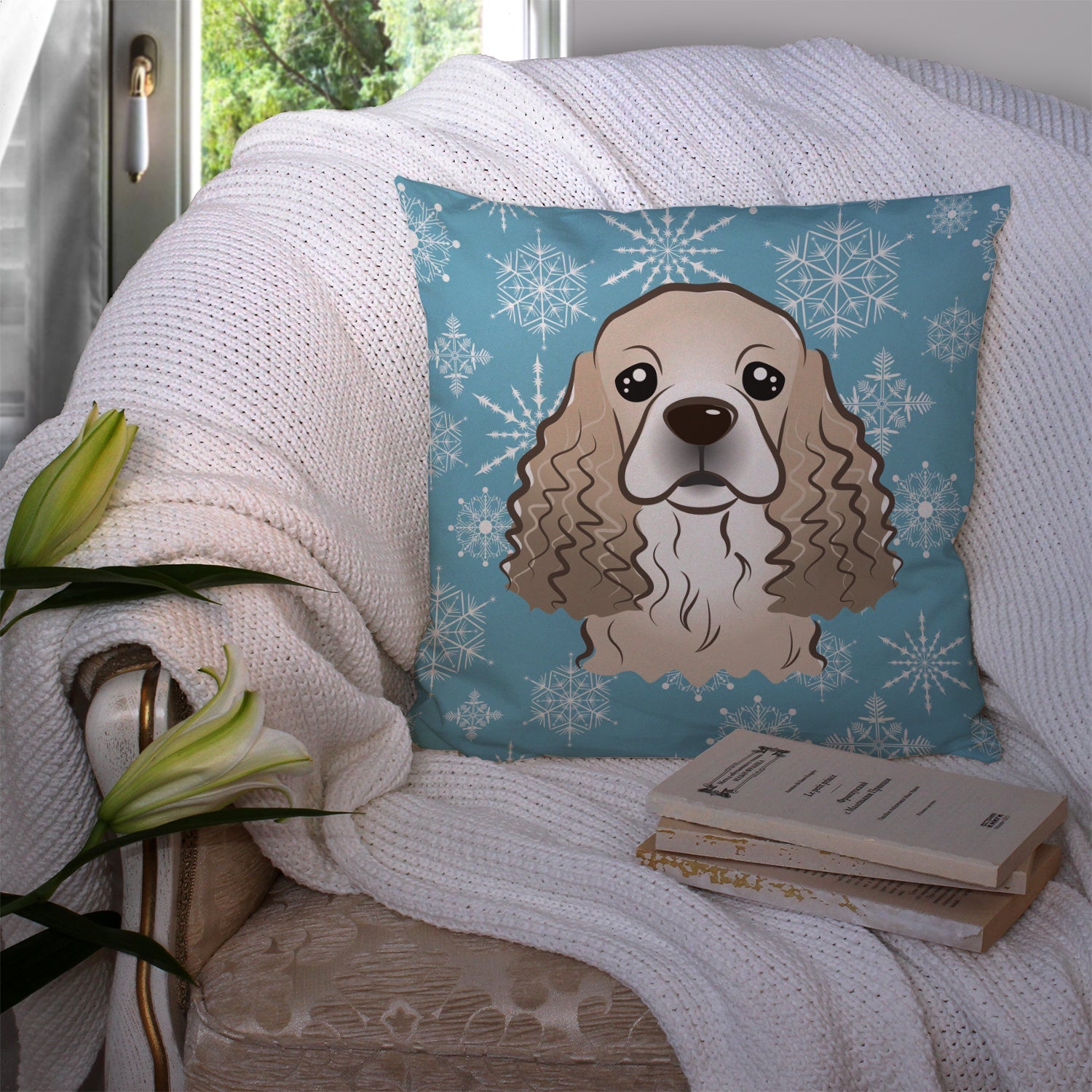 Snowflake Cocker Spaniel Decorative Throw Pillow 14x14 Indoor Outdoor Accent Cushion, Fabric Cover with Insert for Sofa, Bed, Porch & Living Room