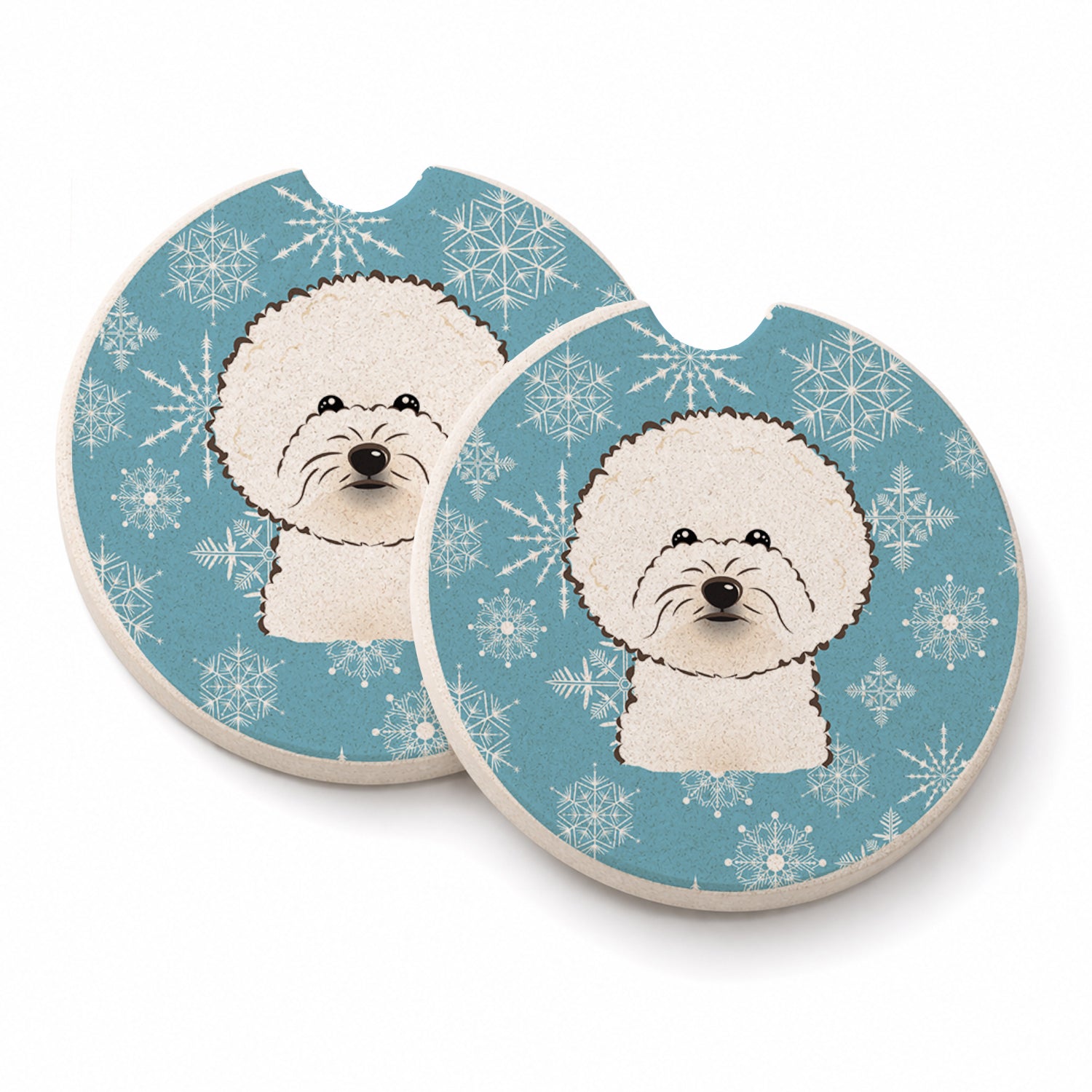 Snowflake Bichon Frise Set of 2 Cup Holder Car Coasters Absorbent Round Sandstone Coasters Gifts for Men or Women, 2.5, Multicolor