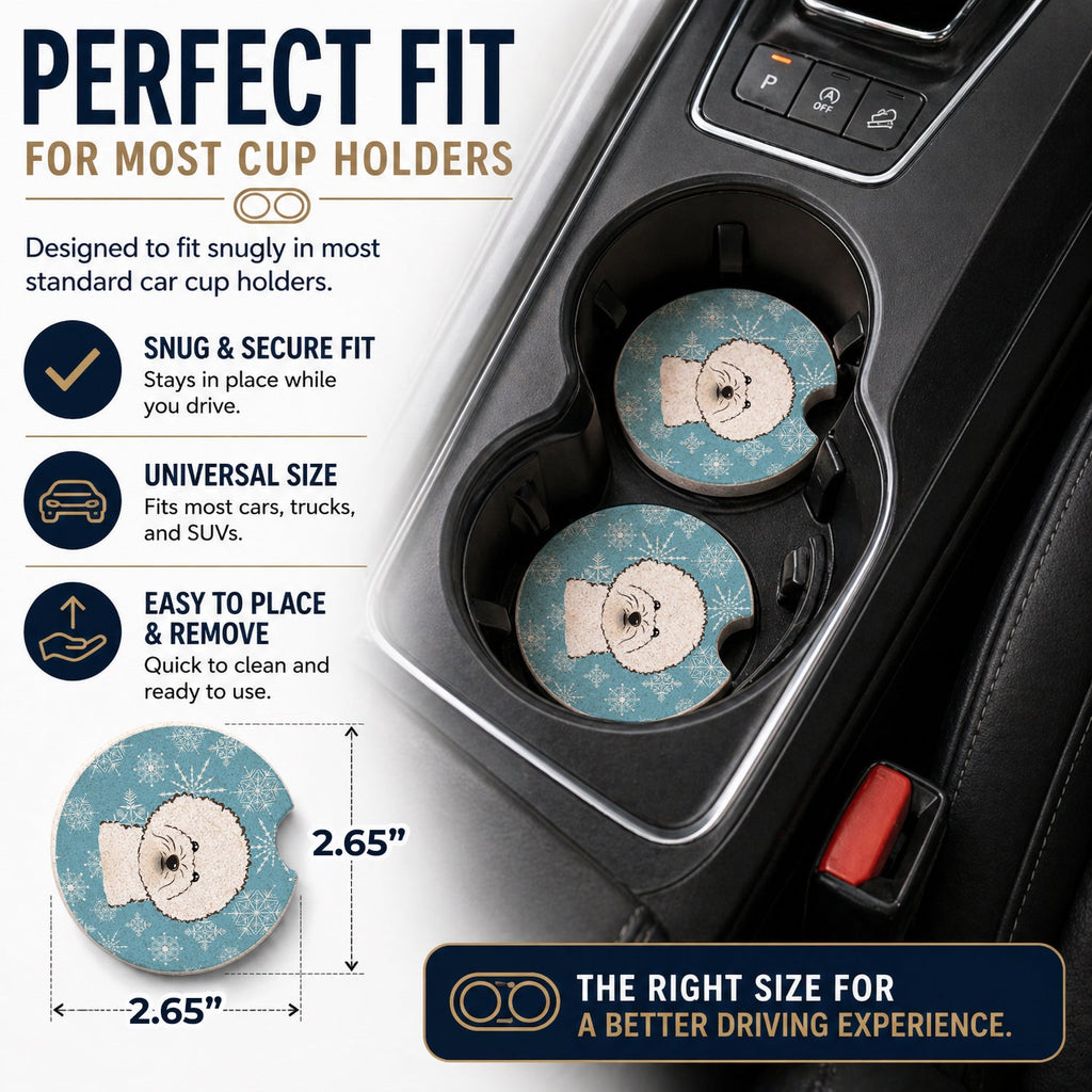 Snowflake Bichon Frise Set of 2 Cup Holder Car Coasters Absorbent Round Sandstone Coasters Gifts for Men or Women, 2.5, Multicolor