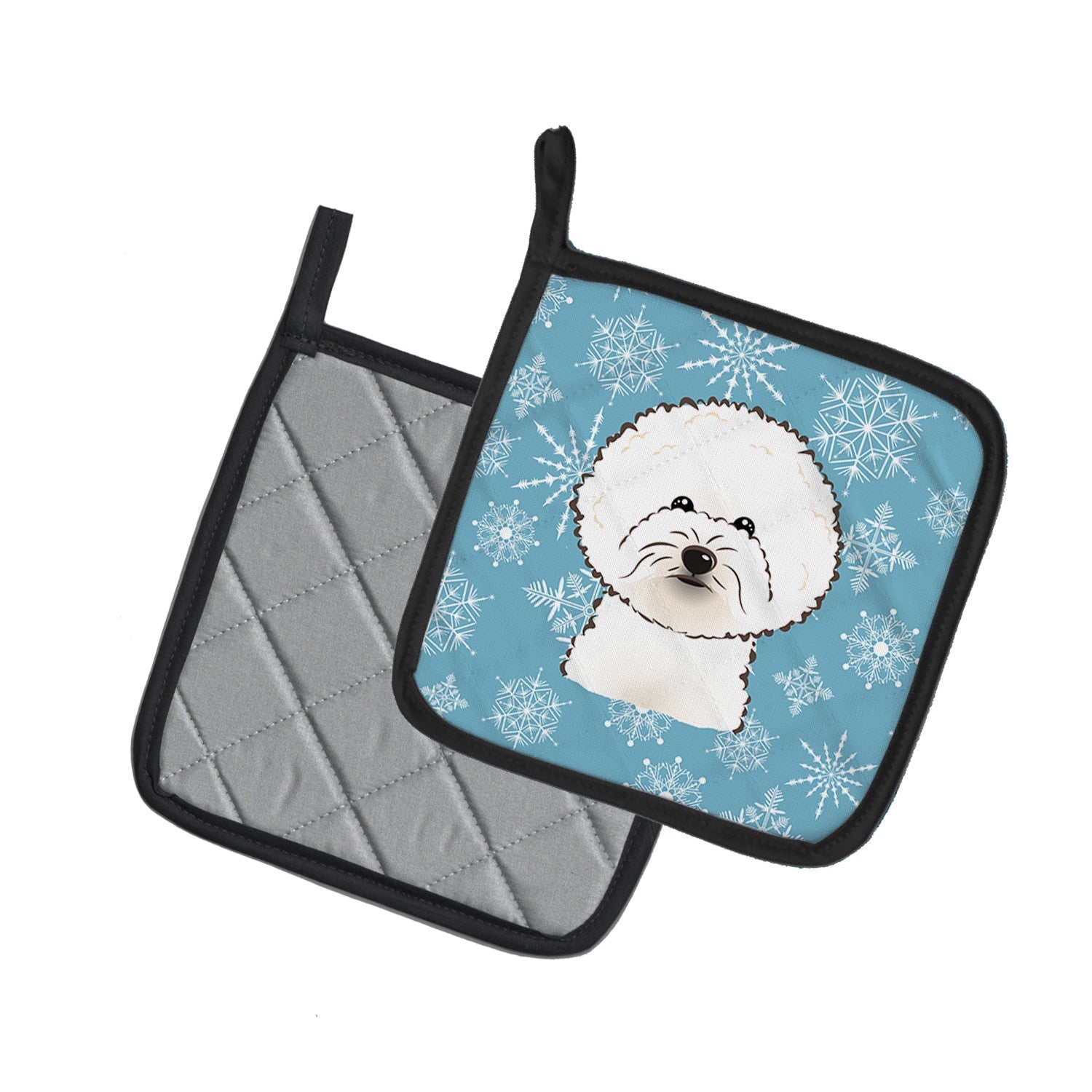 Snowflake Bichon Frise Pot Holder Set of 2 Heat Resistant Quilted Hot Pads 7.5 x 7.5 Inch, Insulated Kitchen Trivets for Cooking & Baking