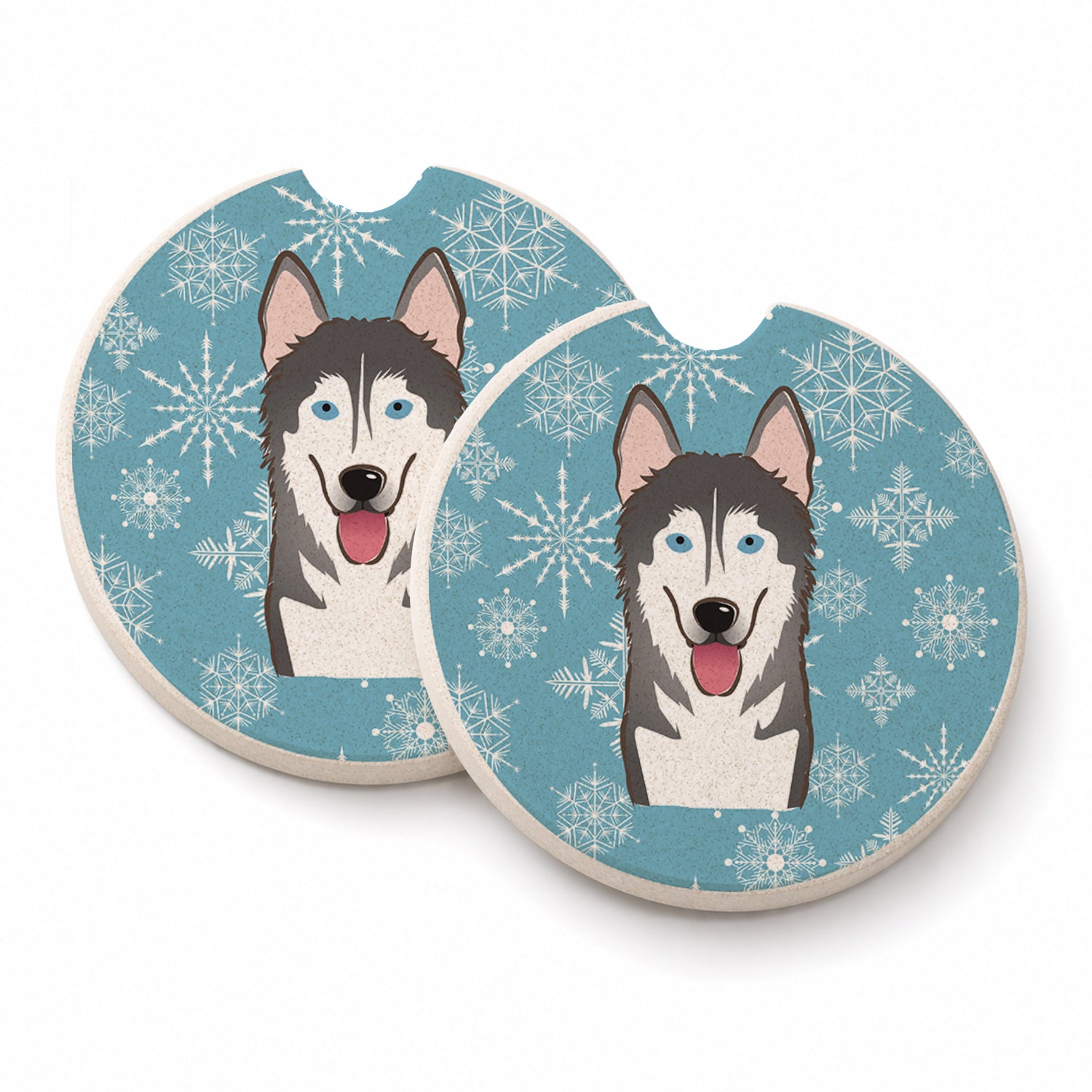 Snowflake Alaskan Malamute Set of 2 Cup Holder Car Coasters Absorbent Round Sandstone Coasters Gifts for Men or Women, 2.5, Multicolor