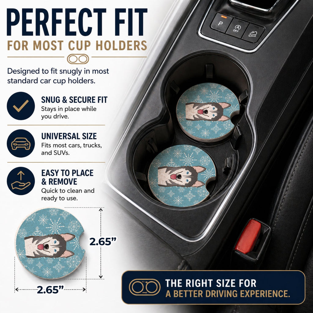 Snowflake Alaskan Malamute Set of 2 Cup Holder Car Coasters Absorbent Round Sandstone Coasters Gifts for Men or Women, 2.5, Multicolor