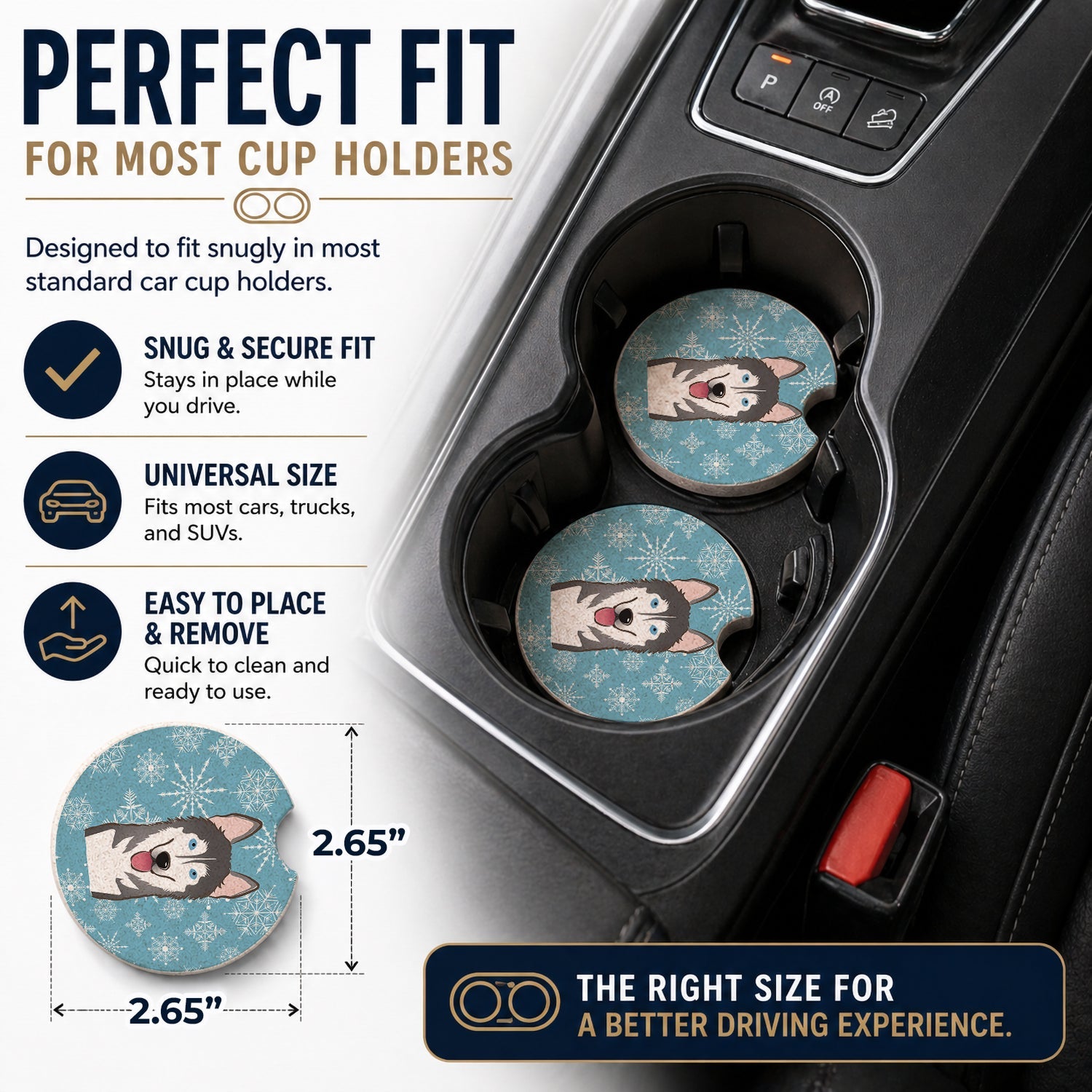 Snowflake Alaskan Malamute Set of 2 Cup Holder Car Coasters Absorbent Round Sandstone Coasters Gifts for Men or Women, 2.5, Multicolor