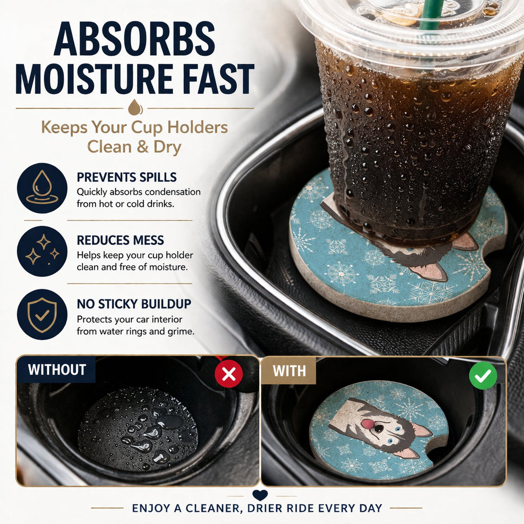 Snowflake Alaskan Malamute Set of 2 Cup Holder Car Coasters Absorbent Round Sandstone Coasters Gifts for Men or Women, 2.5, Multicolor