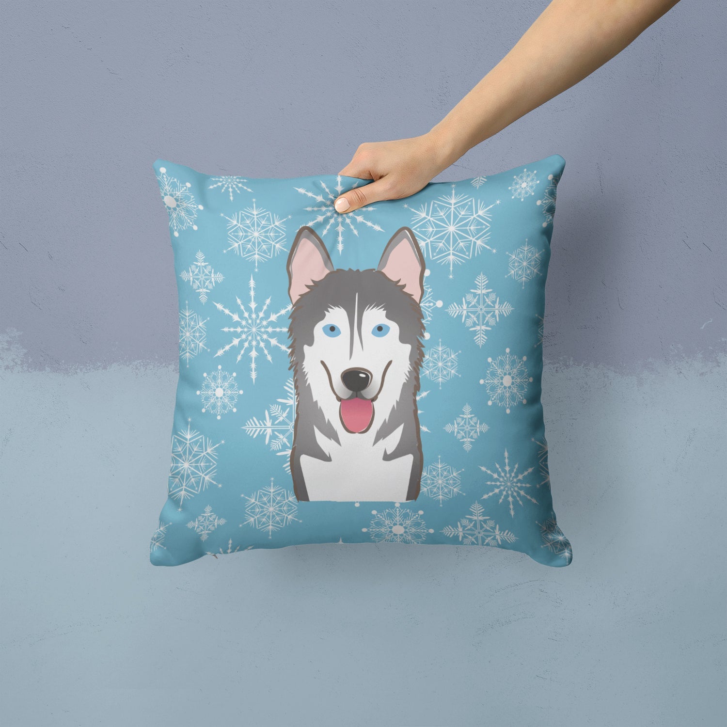 Snowflake Alaskan Malamute Decorative Throw Pillow 14x14 Indoor Outdoor Accent Cushion, Fabric Cover with Insert for Sofa, Bed, Porch & Living Room