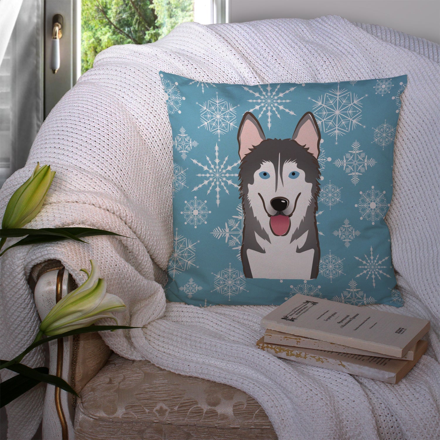 Snowflake Alaskan Malamute Decorative Throw Pillow 14x14 Indoor Outdoor Accent Cushion, Fabric Cover with Insert for Sofa, Bed, Porch & Living Room