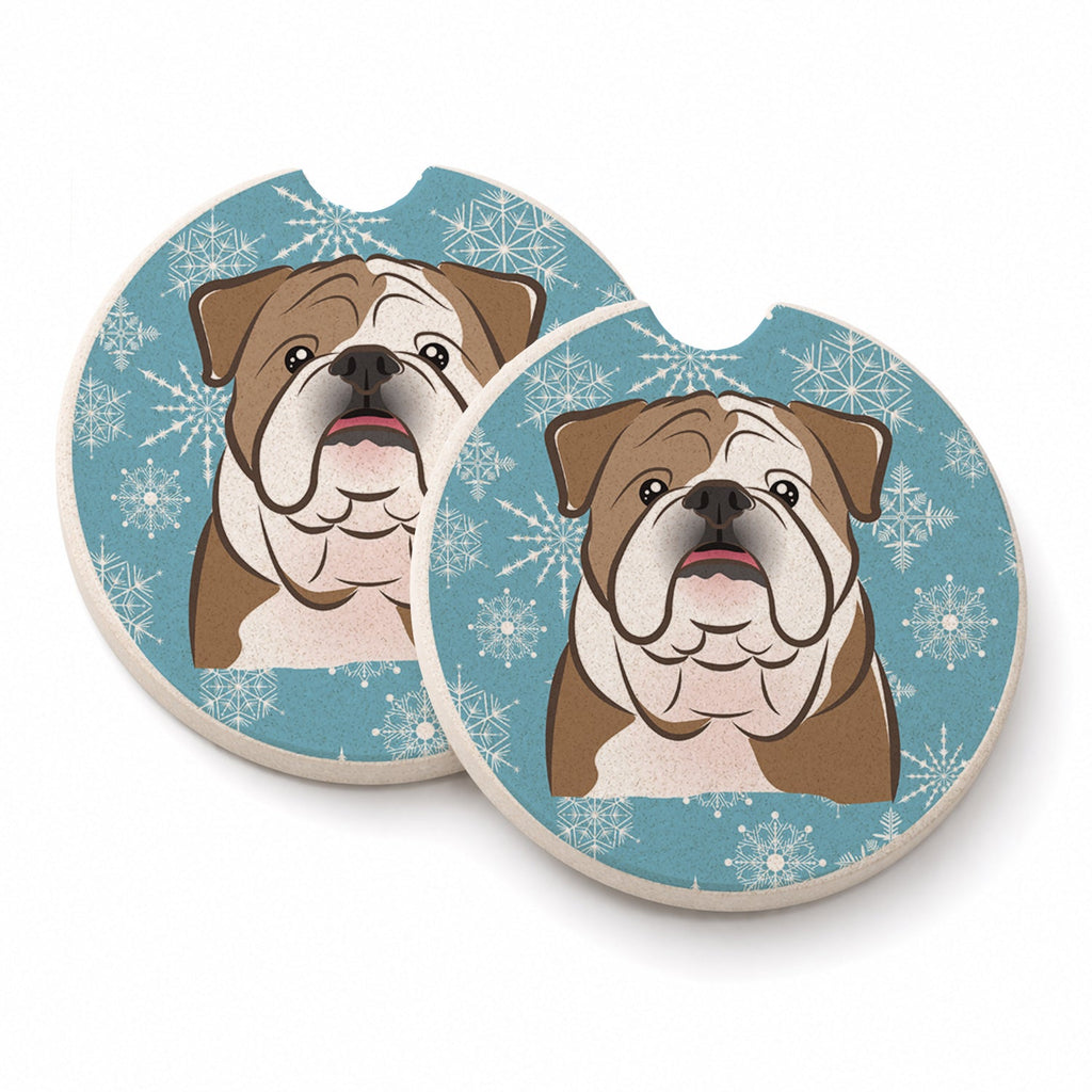 Snowflake English Bulldog  Set of 2 Cup Holder Car Coasters Absorbent Round Sandstone Coasters Gifts for Men or Women, 2.5, Multicolor