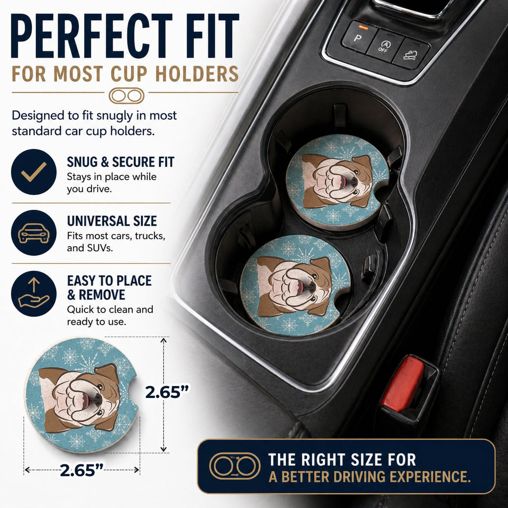 Snowflake English Bulldog  Set of 2 Cup Holder Car Coasters Absorbent Round Sandstone Coasters Gifts for Men or Women, 2.5, Multicolor