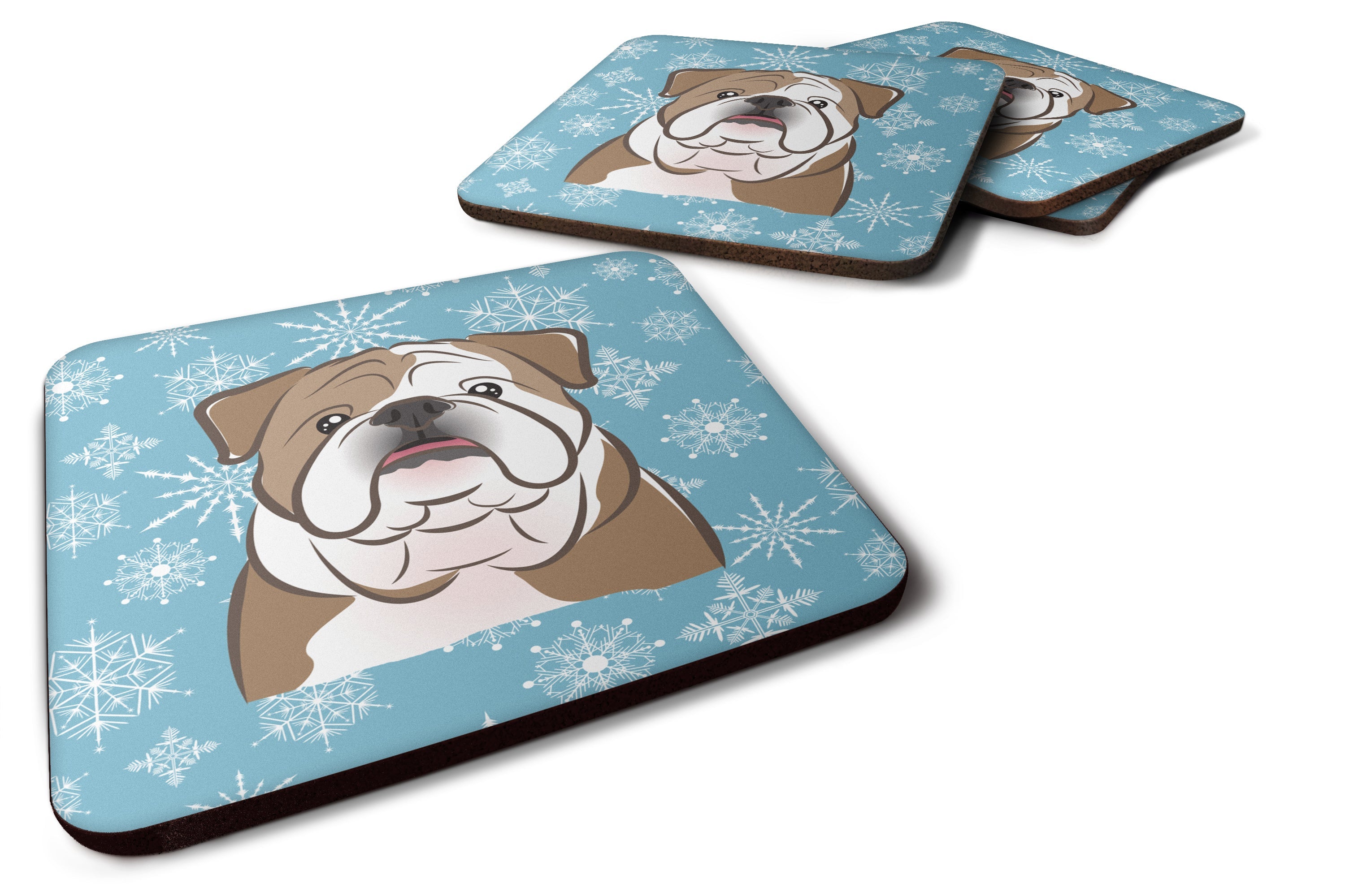 Snowflake English Bulldog  Foam Coasters Set of 4 Cup Coasters for Indoor Outdoor, Tabletop Protection, Anti Slip, Mouse pad Material